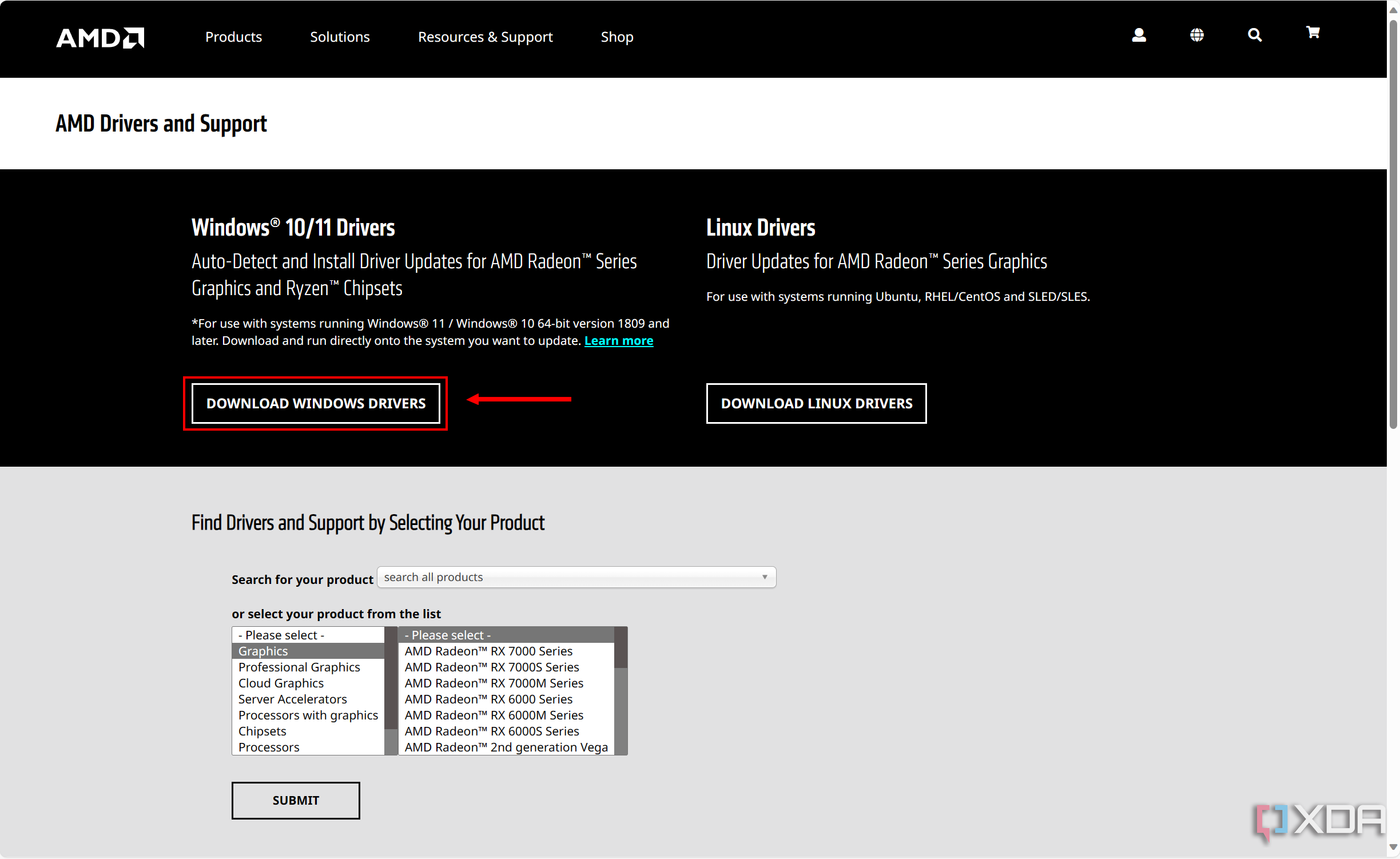 Screenshot of AMD's support website with the Download Windows Drivers button highlighted
