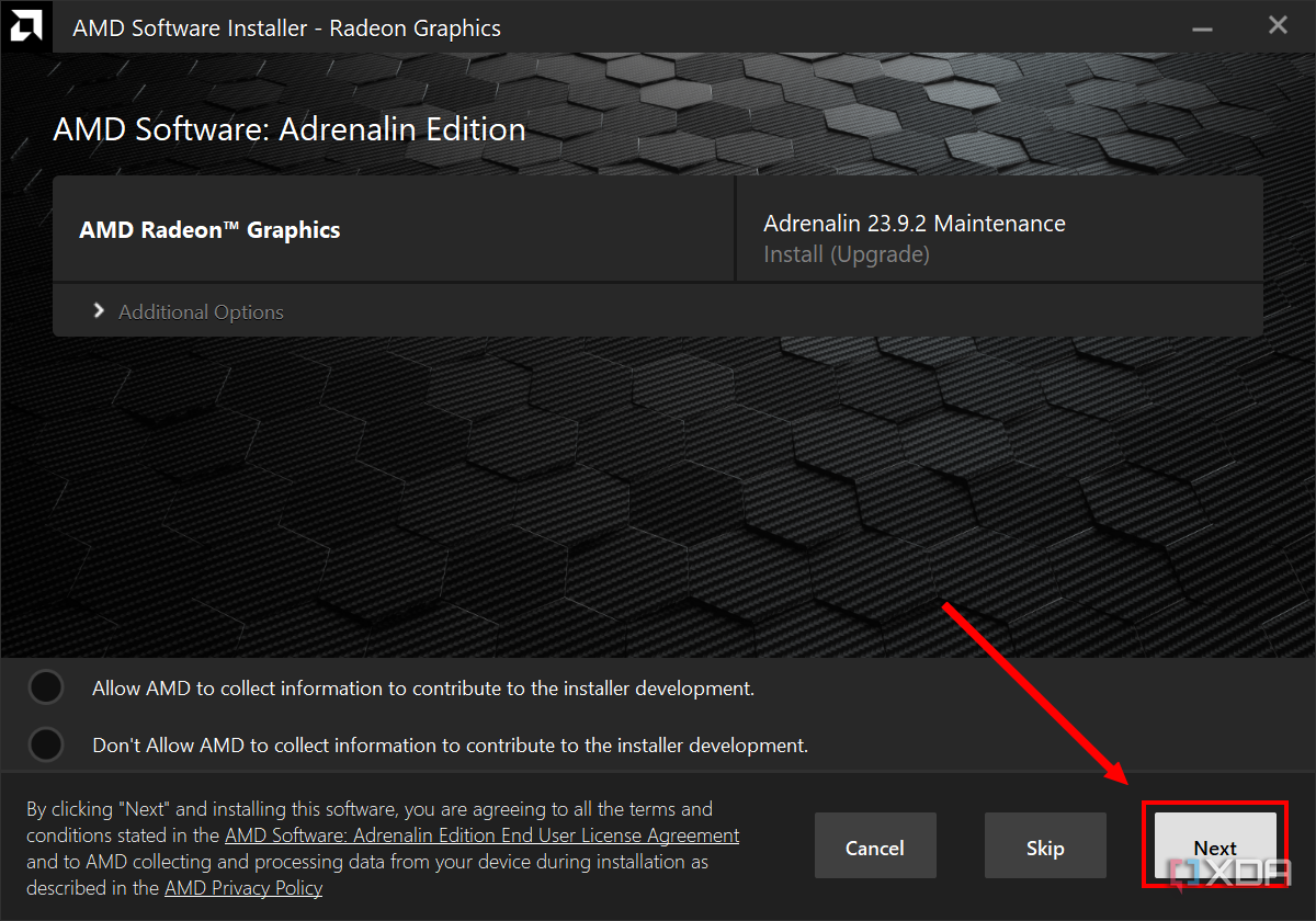 Screenshot of the AMD Software online installer showing new available graphics drivers. The Next button is highlighted.