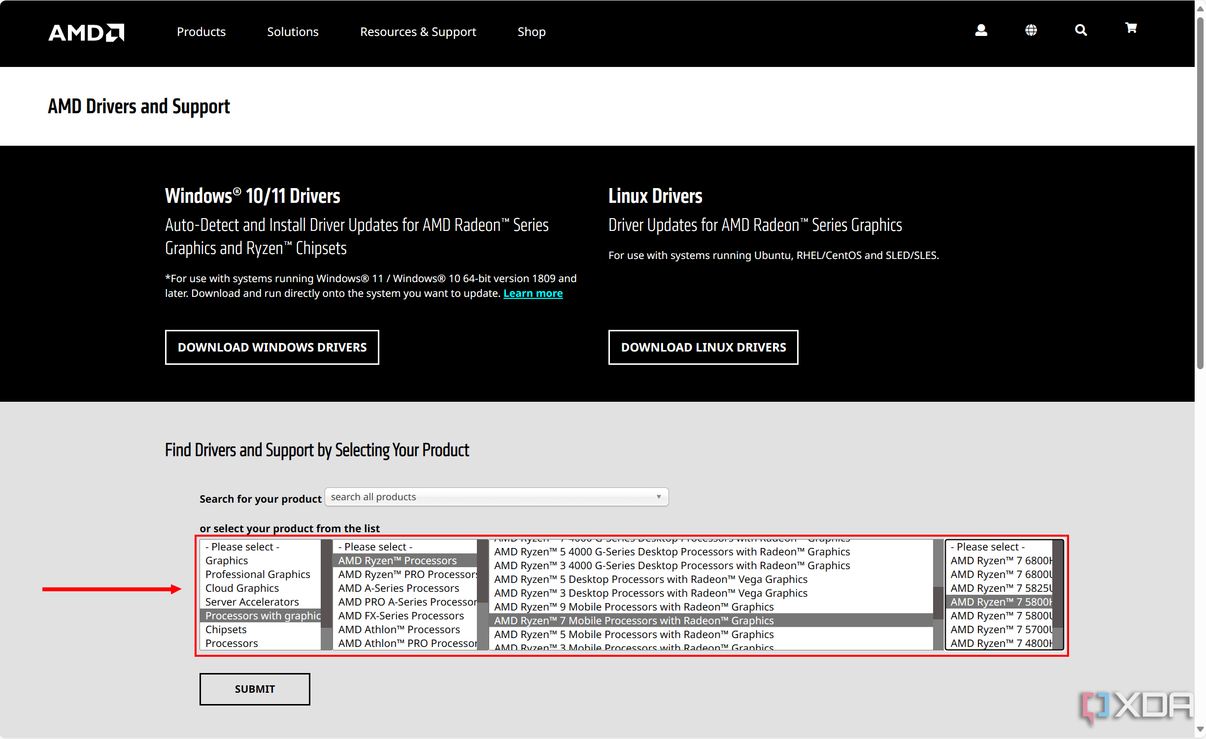 Screenshot of the AMD support website when selecting a product for which to download drivers.
