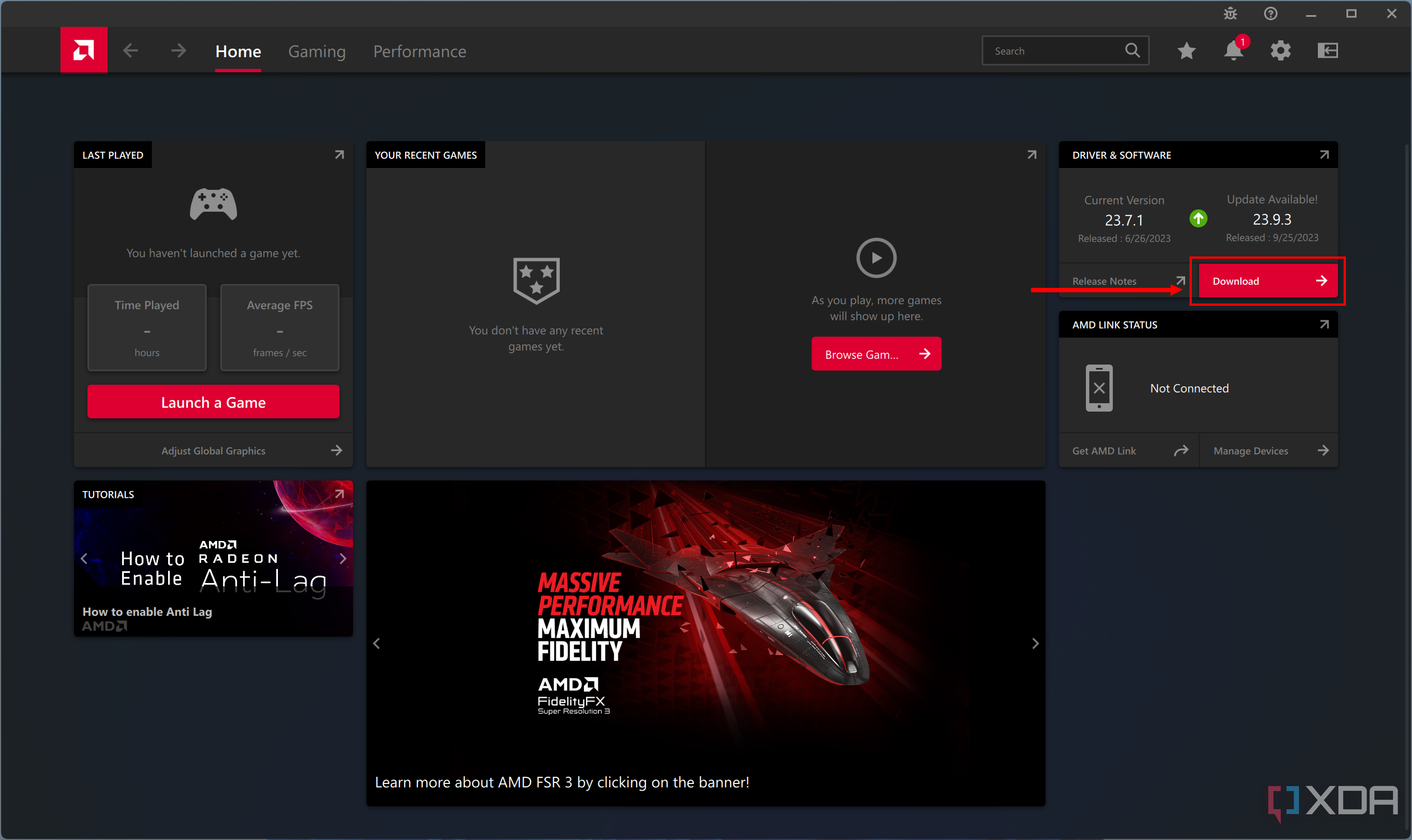Screenshot der AMD Software Adrenalin Edition mit einem Download-Button für neue Grafiktreiber