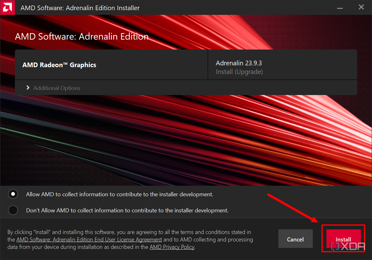 Screenshot des AMD-Software-Installationsprogramms mit den neuen verfügbaren AMD Radeon-Treibern.  Die Schaltfläche „Installieren“ ist hervorgehoben