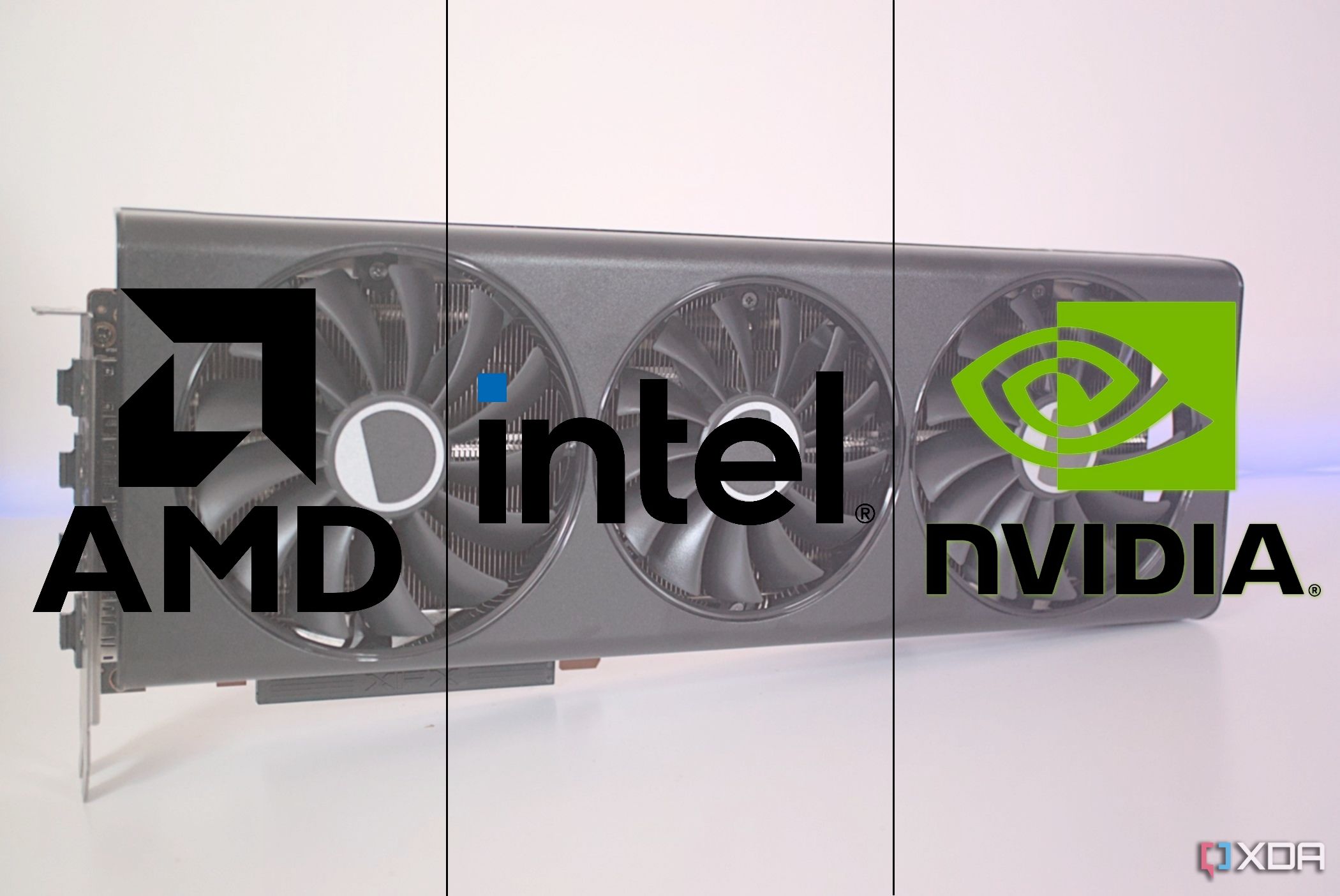 AMD, Intel, and Nvidia logos overlaid on a picture of a graphics card