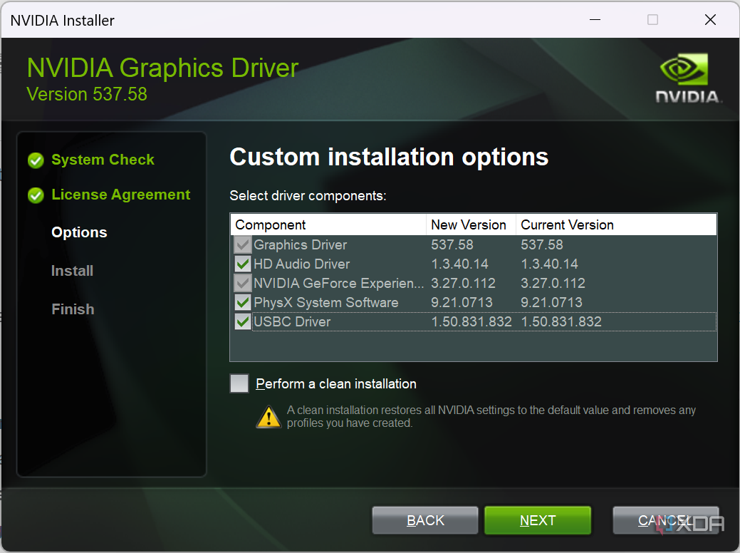 Screenshot of Nvidia installer asking the user to choose the driver components to install