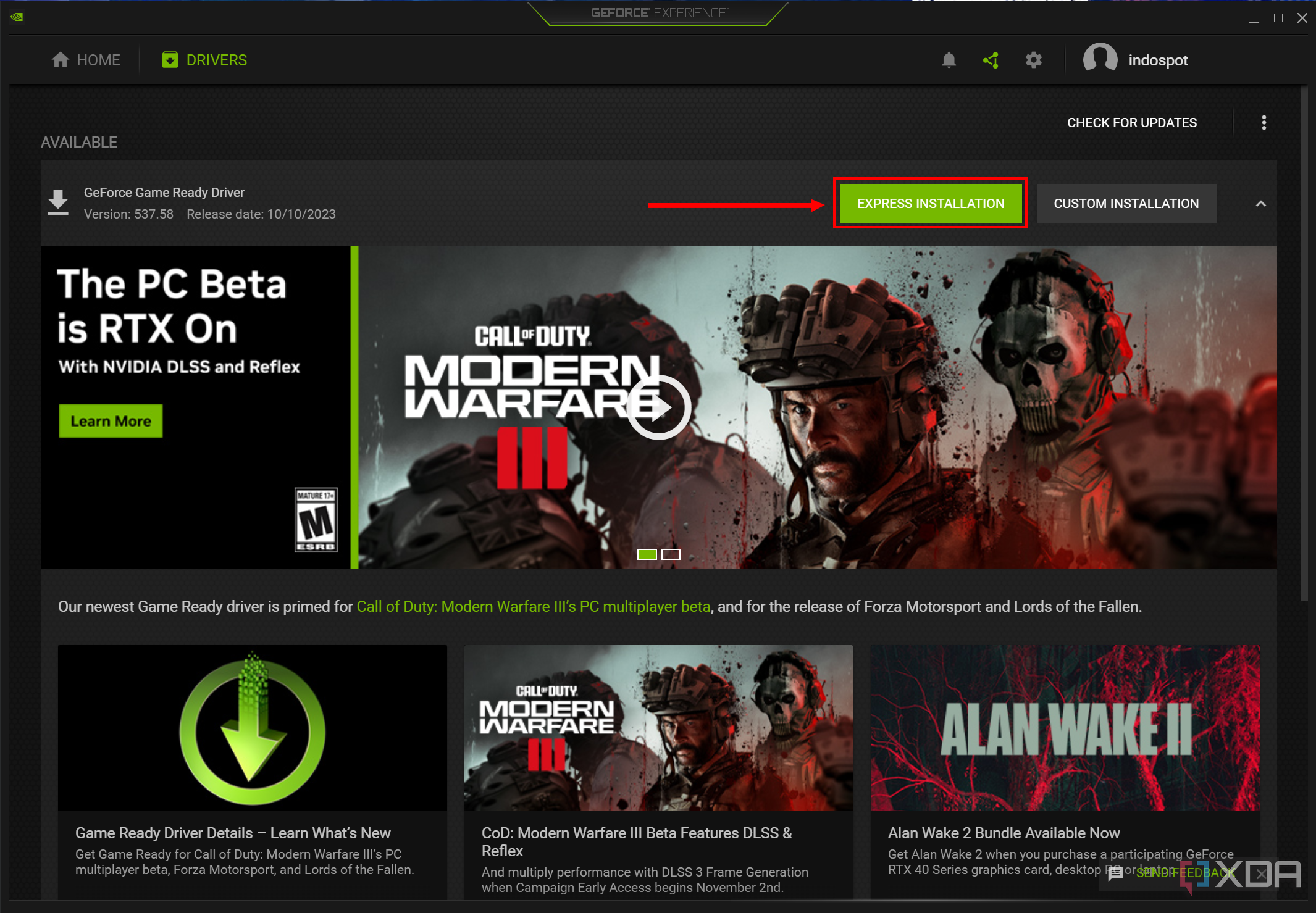 Screenshot of Nvidia GeForce Experience after download a driver. The Express installation button is highlighted