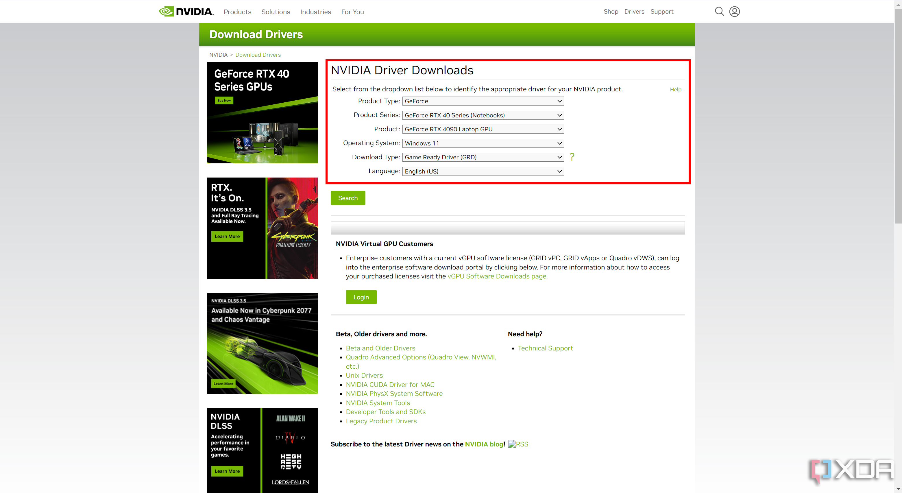 Screenshot of Nvidia's driver download website with the fields filled in to choose the correct driver and product
