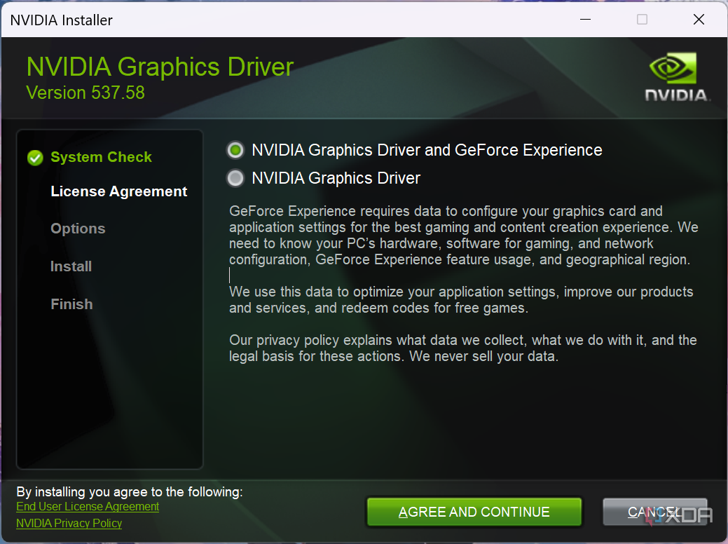 Screenshot of the Nvidia installer asking the user whether to install the Nvidia driver along or include GeForce Experience.