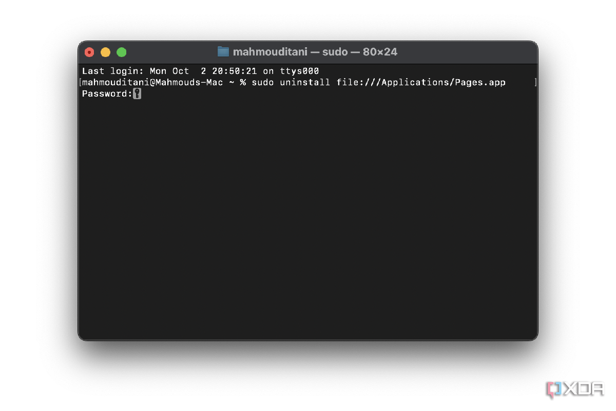 terminal window on Mac with the command to delete the pages app