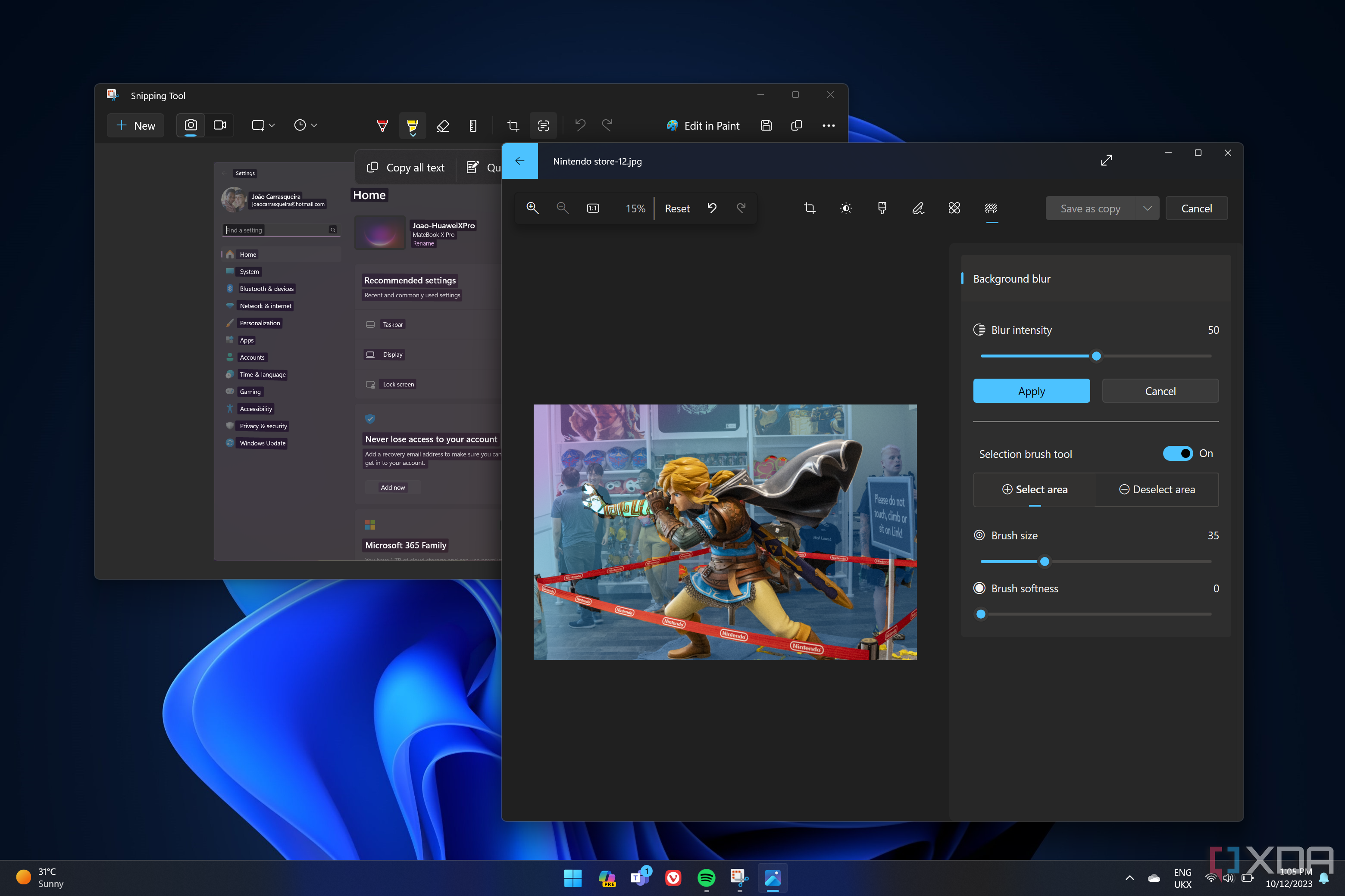 Screenshot of a Windows 11 desktop with Snipping Tool and Photos apps open. Snipping Tool is showcasing text recognition, while the Photos app has background blur.
