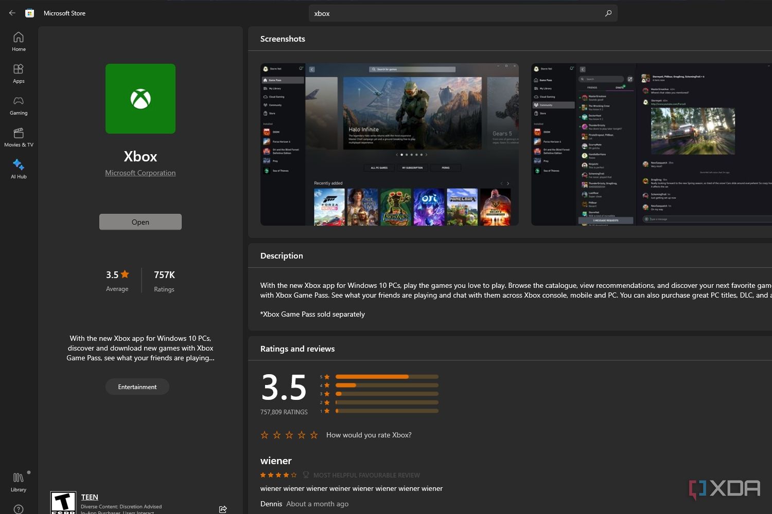 Windows screenshot that shows the Xbox app download page in the Microst Store