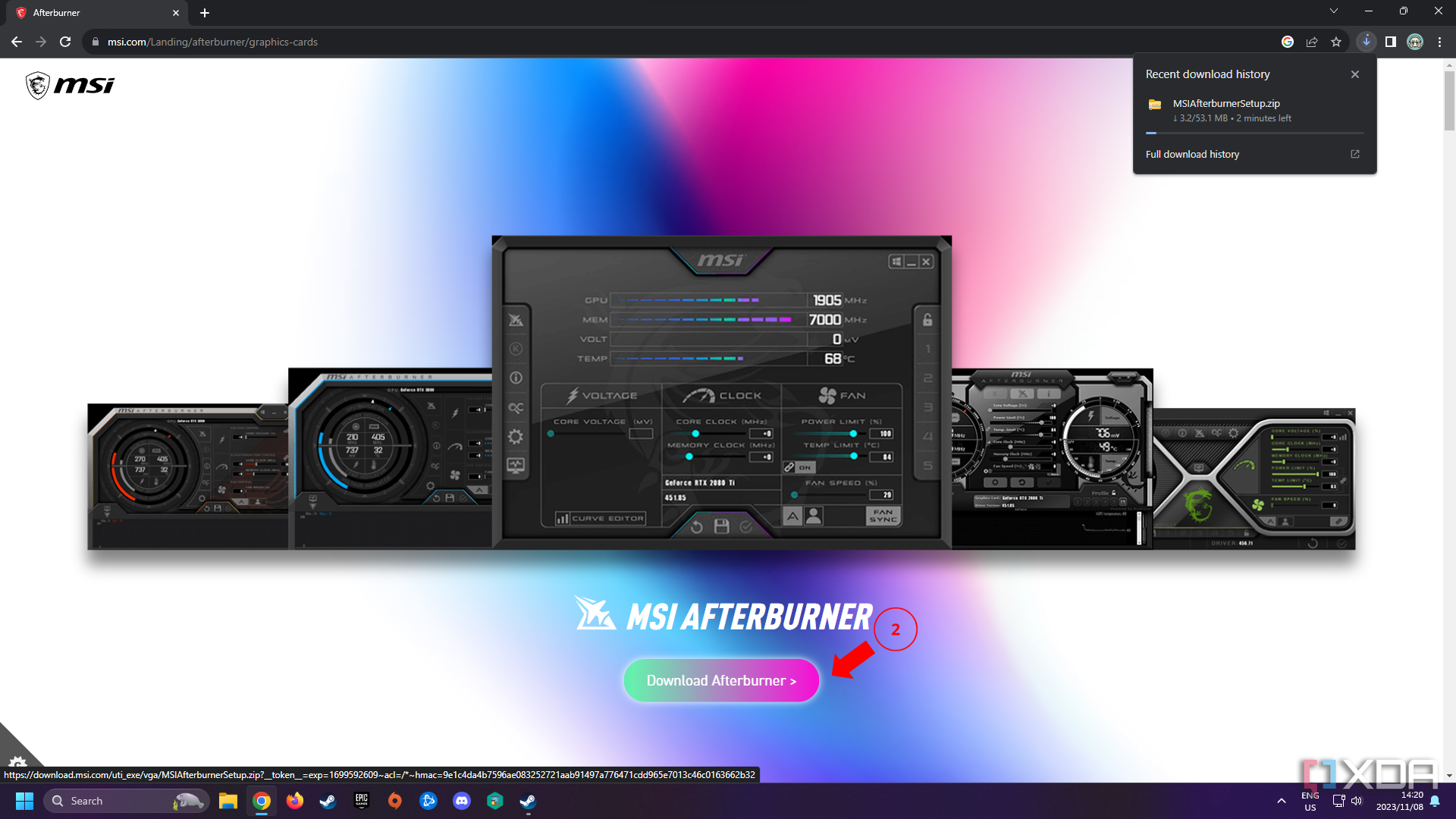 El sitio web de MSI Afterburner con un botón para descargar Afterburner