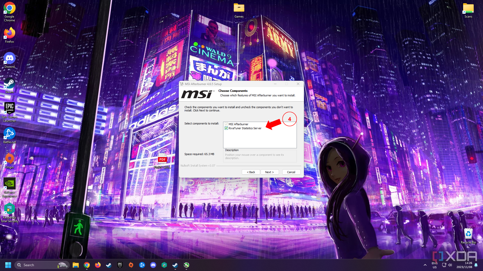 Instalación de MSI Afterburner en una computadora de escritorio con una flecha que apunta a la configuración de Rivatuner