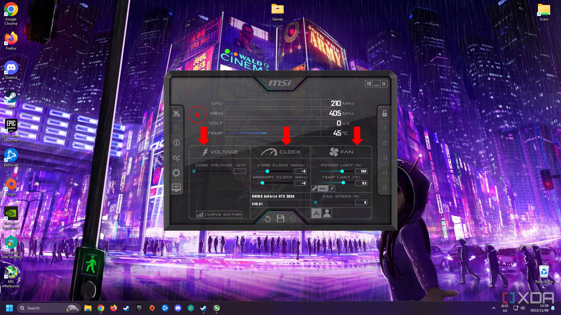 Aplicación MSI Afterburner con flechas que apuntan a la configuración de voltaje, ventilador y reloj