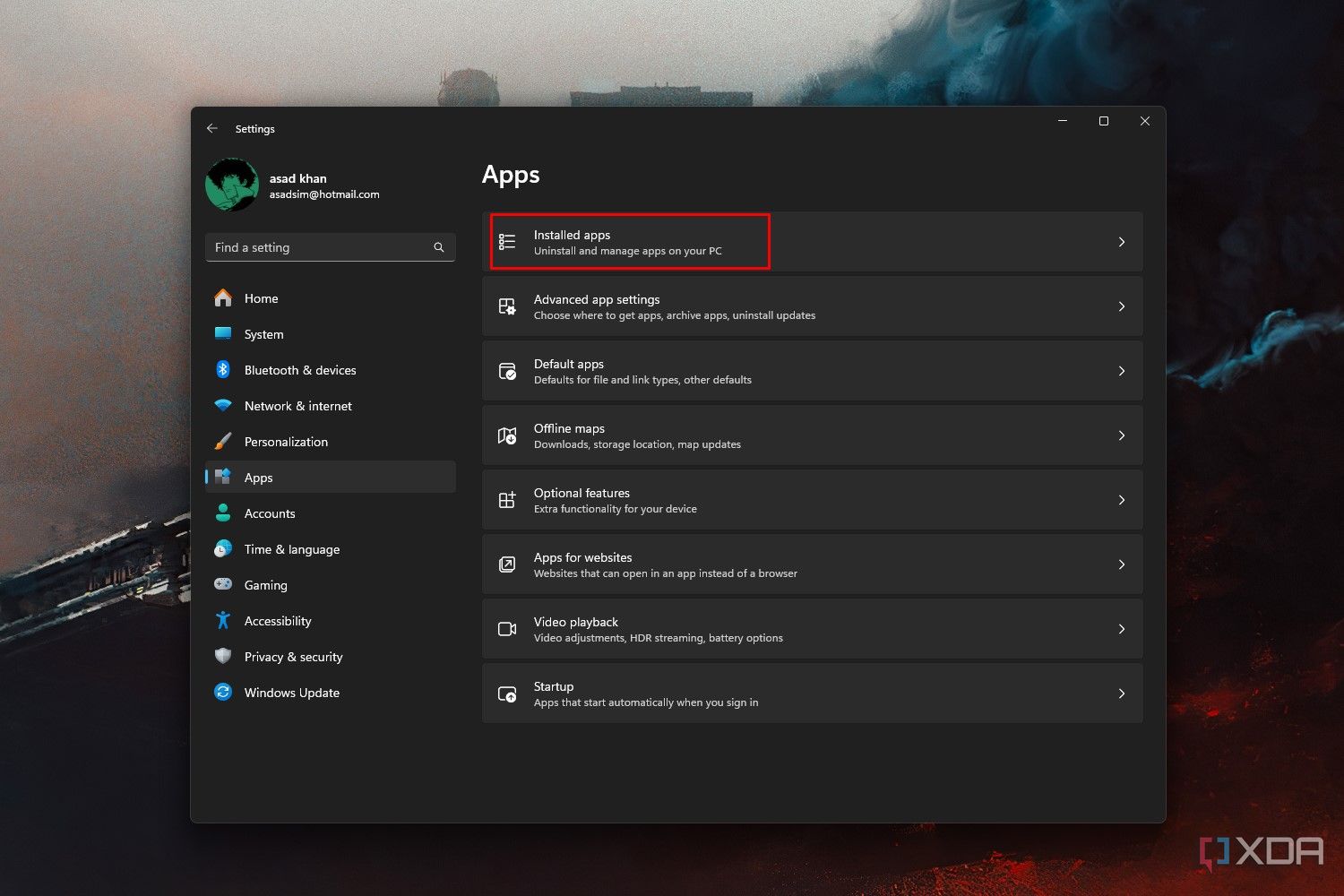 Windows 11 screenshot that highlights the Installed apps option in the Settings app.