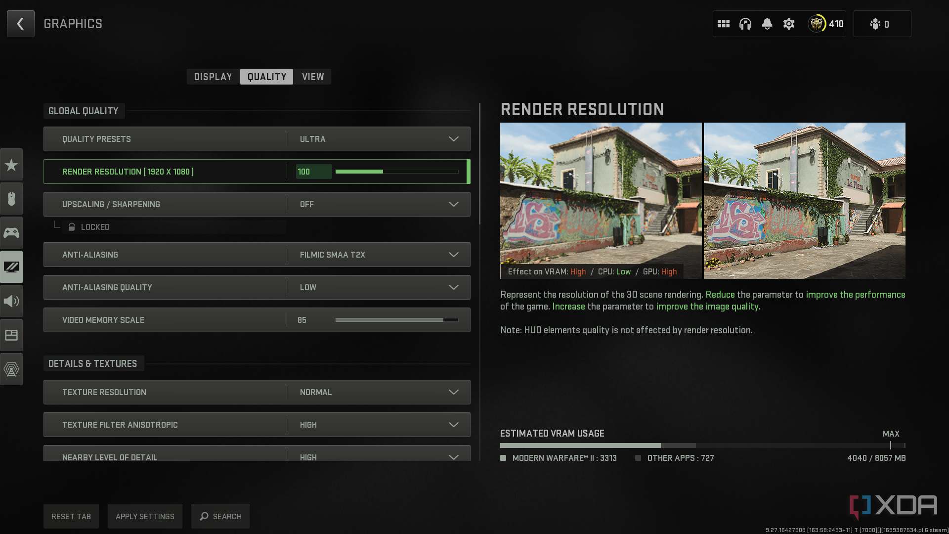 La configuración del juego de Call of Duty Modern Warfare, que muestra la configuración de resolución de renderizado y mide el uso de VRAM