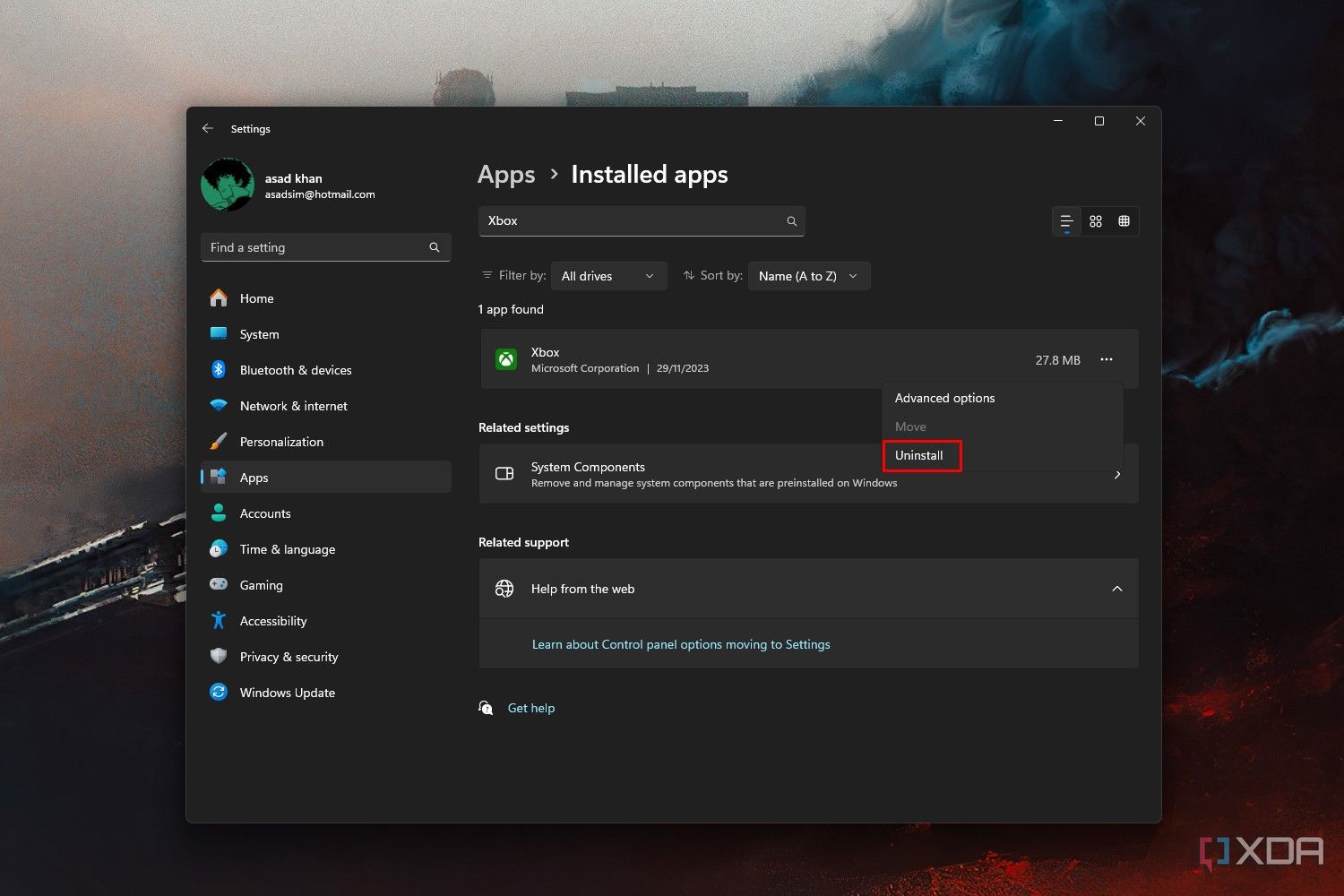 Windows 11 screenshot that highlights the Uninstall button next to the Xbox icon in the Settings app.