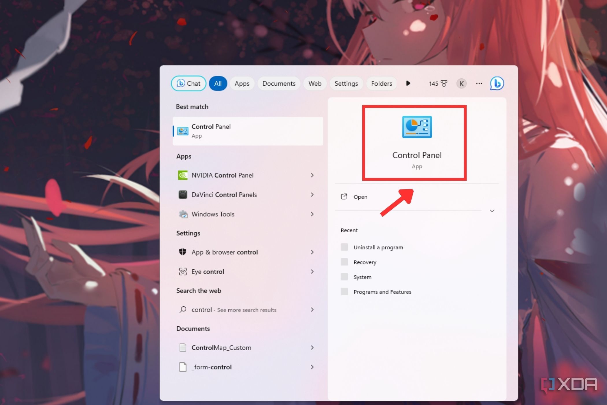 A screenshot hihlighting the control panel within the start menu in windows.