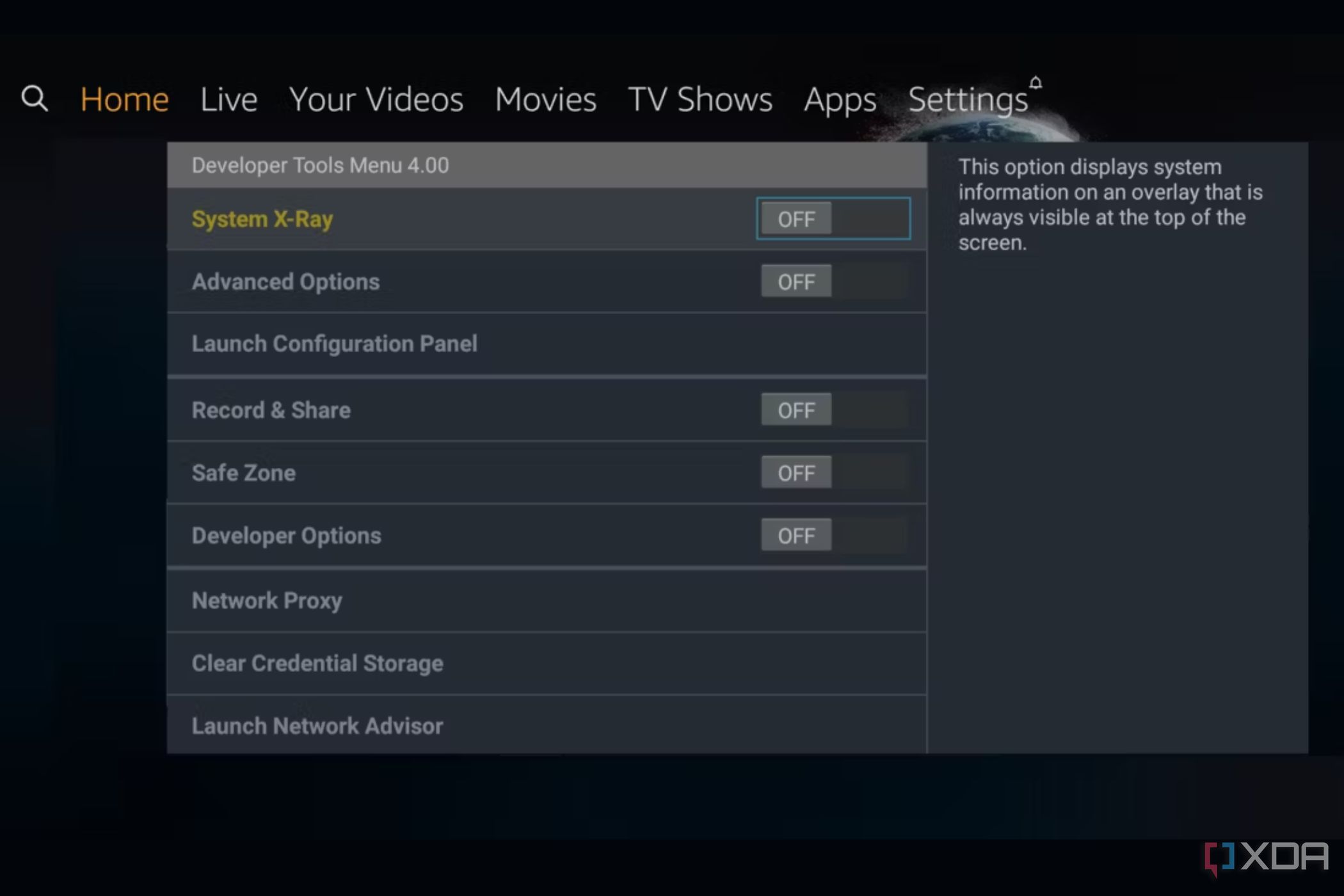 A screenshot showing Amazon's built-in developer tool menu in Fire TV.