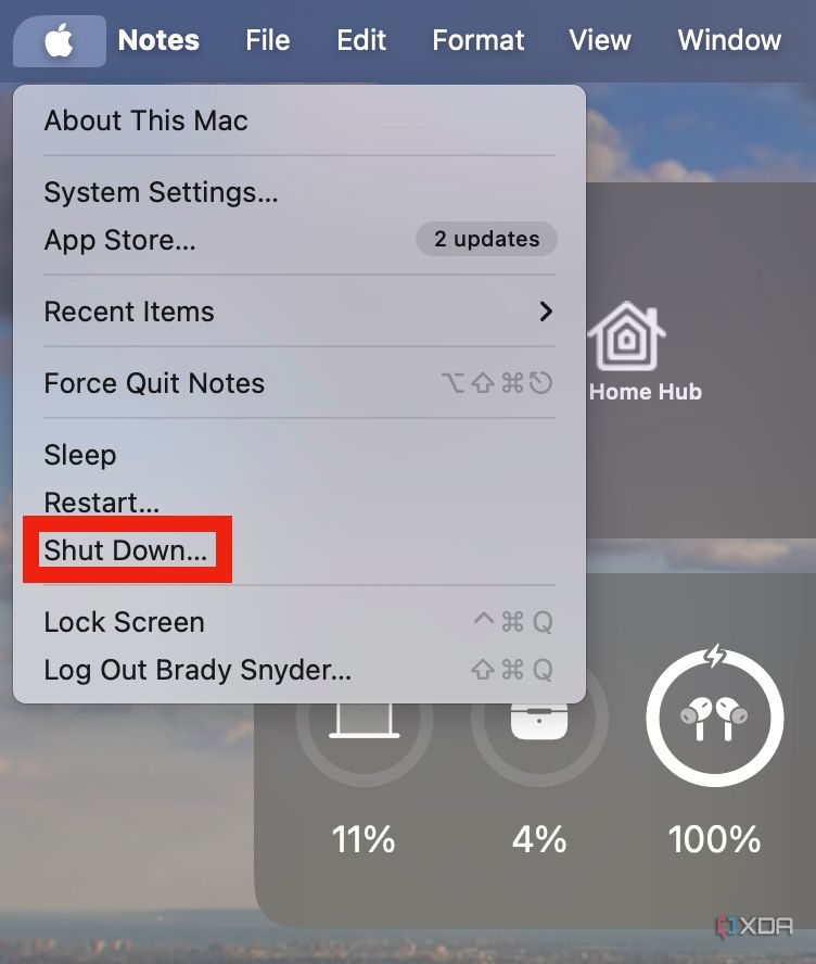 The shut down button in the Apple menu.