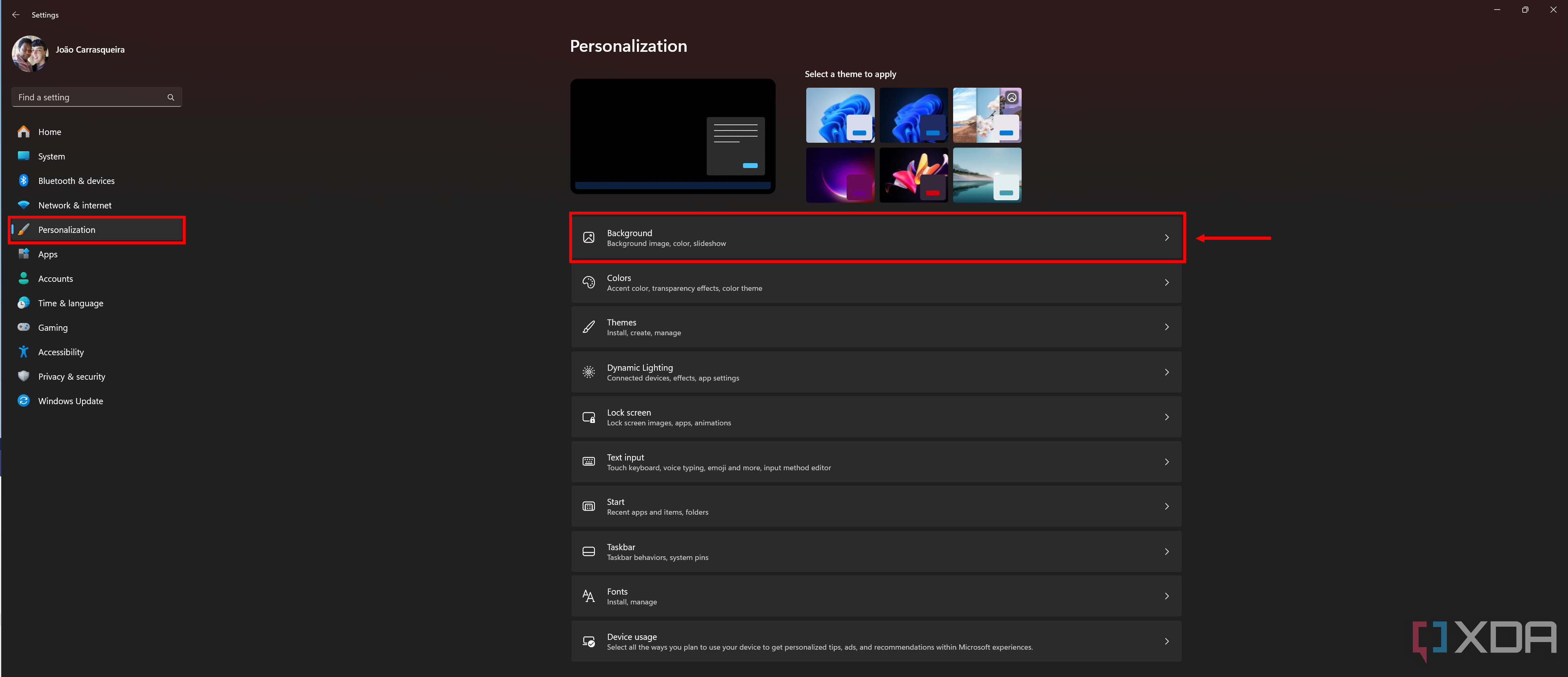 Screenshot of the Personalization section in Windows 11 Settings the the Background button highlighted