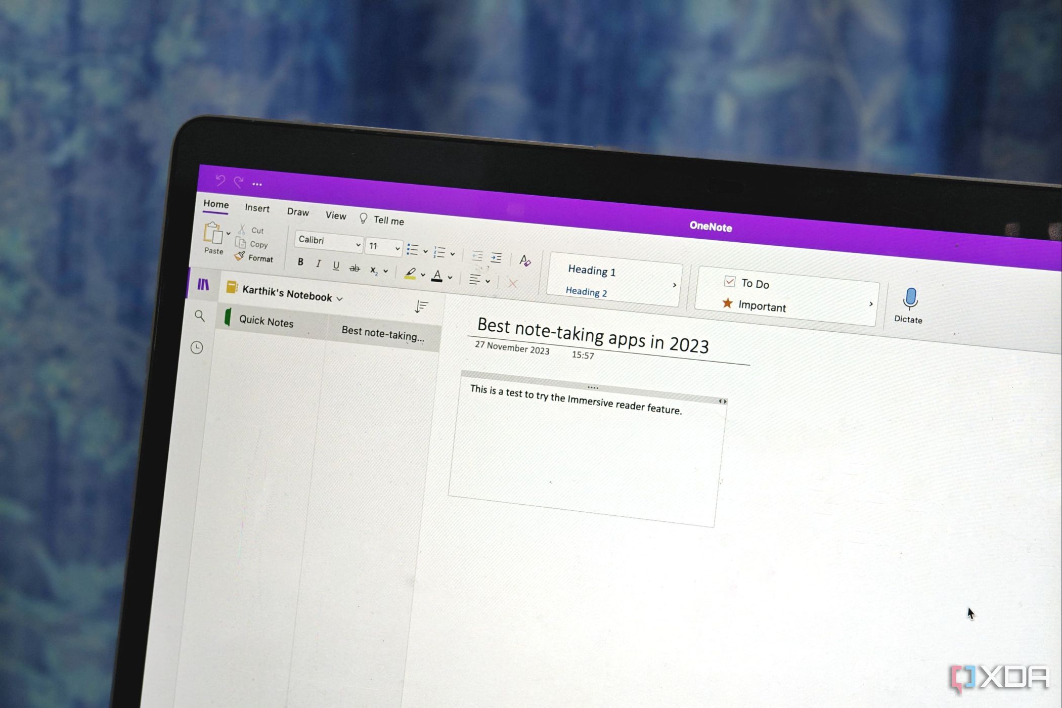 An image showing OneNote app open on a MacBook.