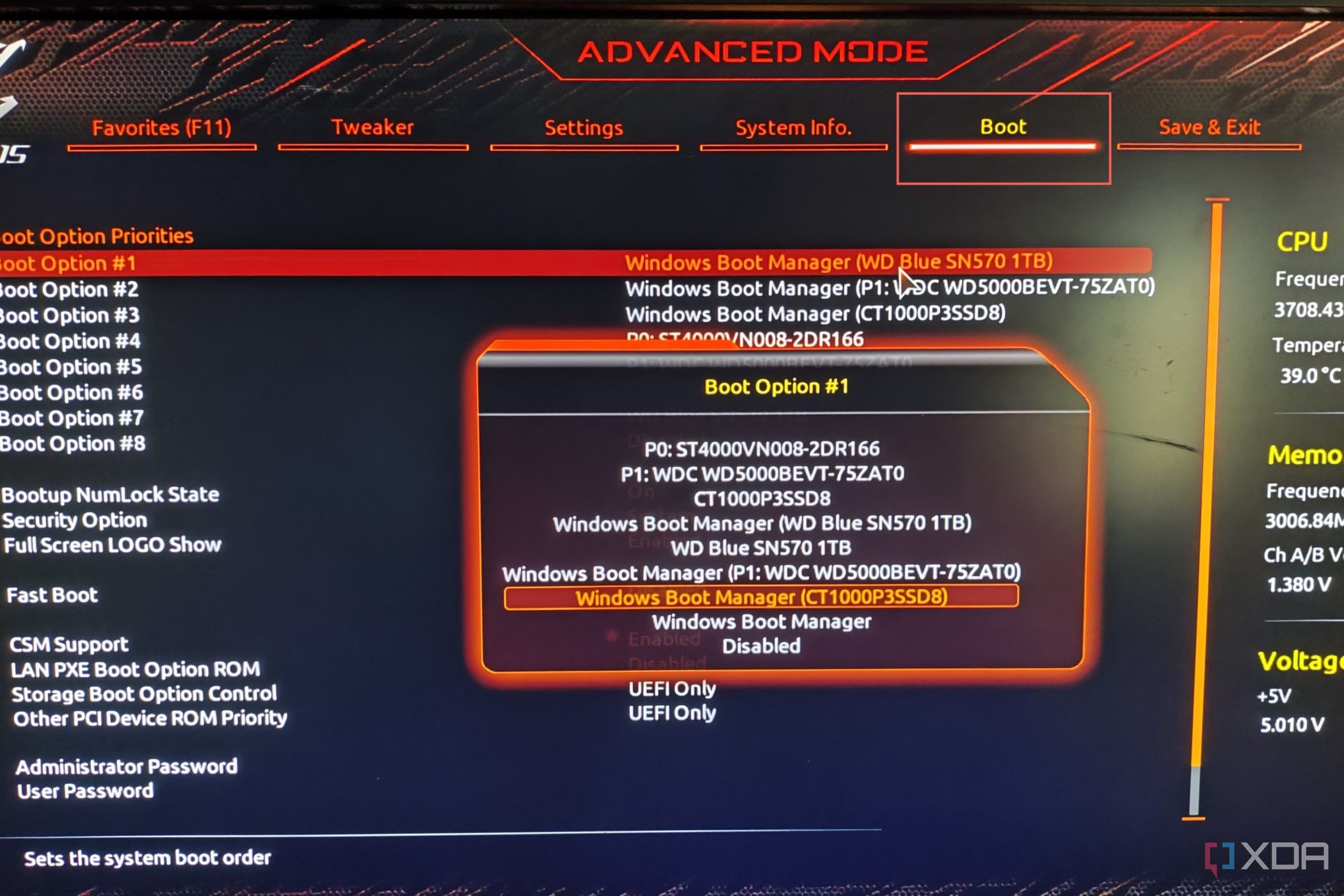 A screenshot of the Boot settings in the BIOS