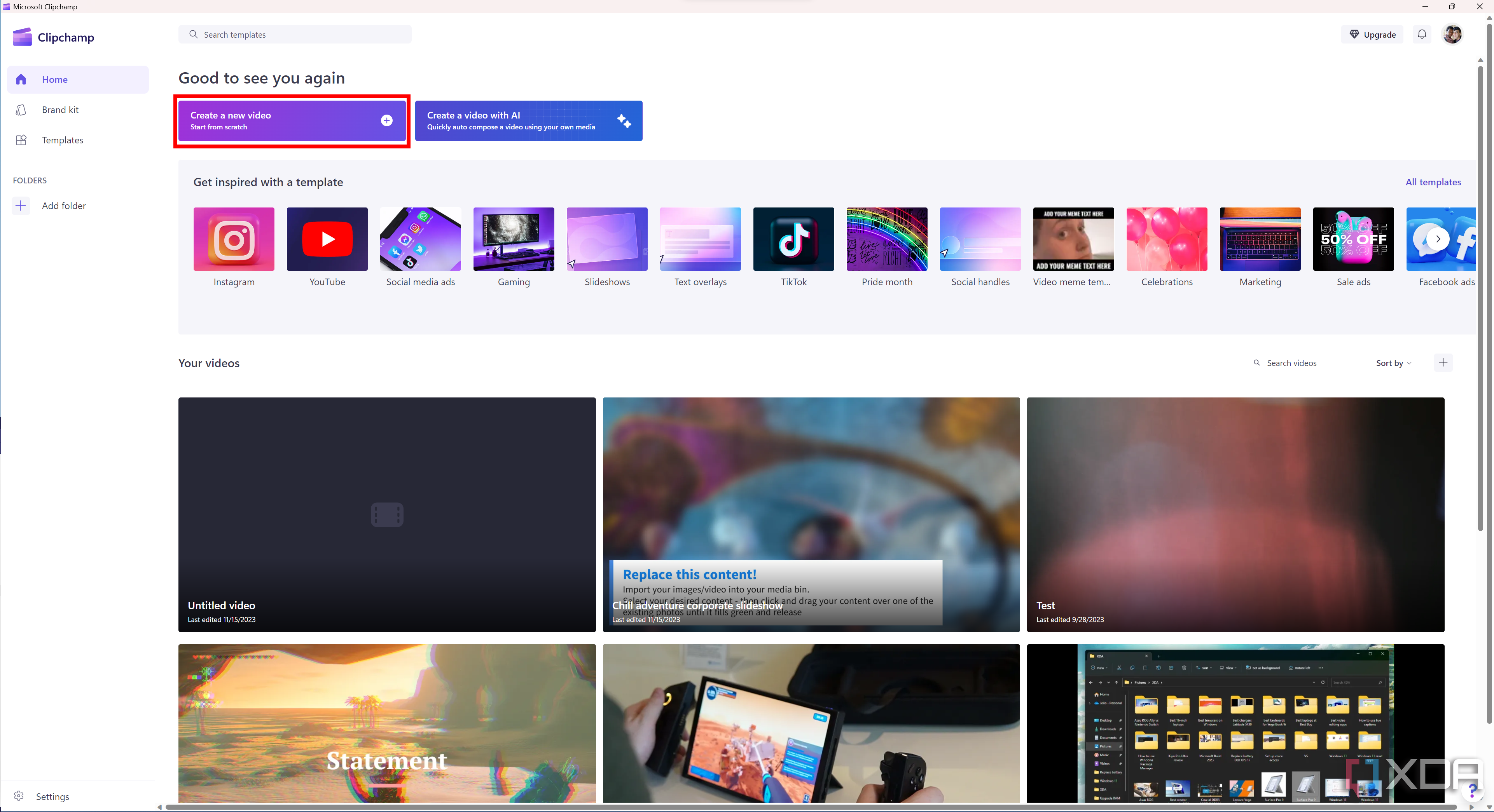 Screenshot of Clipchamp home page with the create new video button highlighted