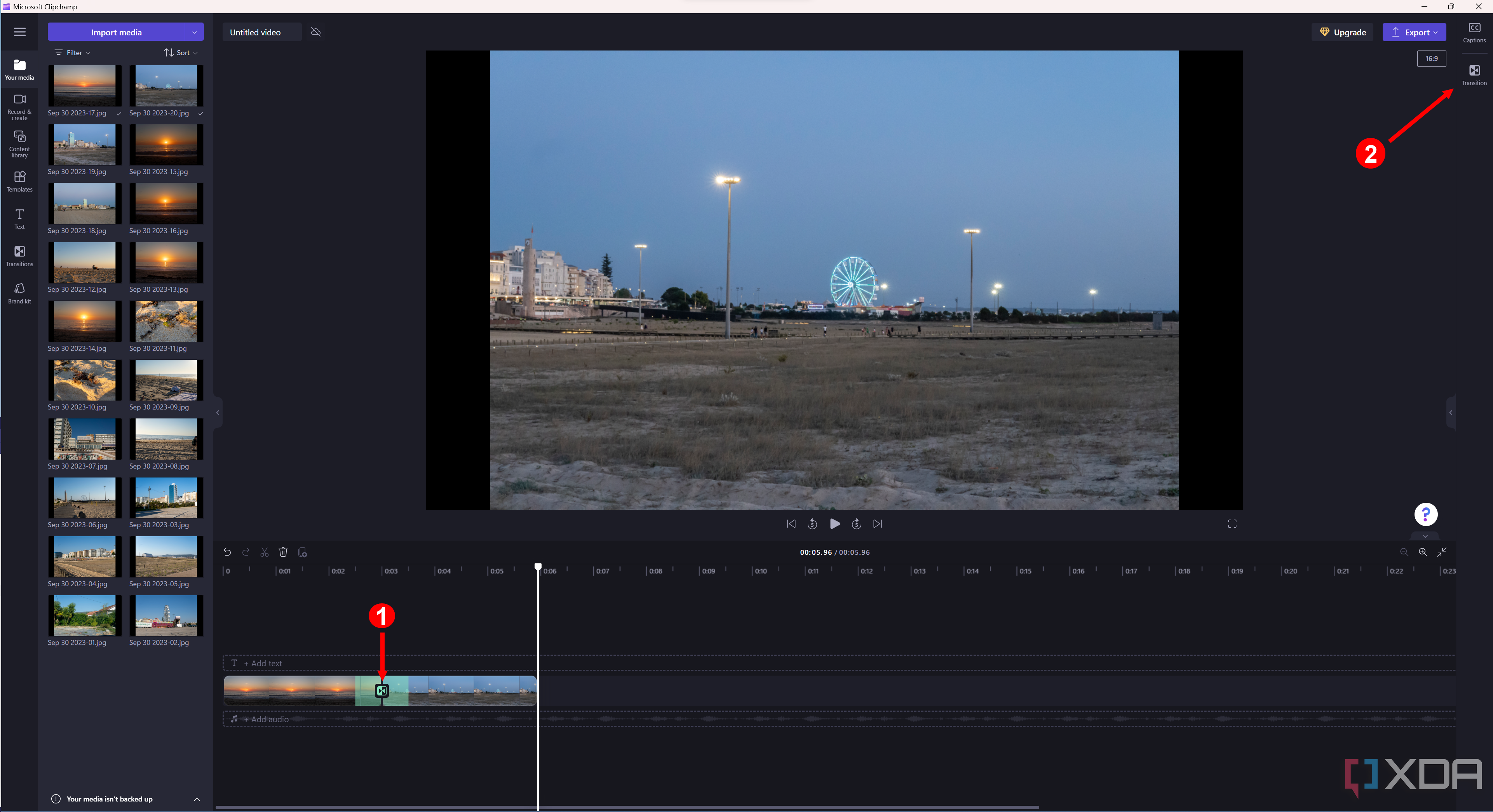 Screenshot of Clipchamp showing how to change a video transition on the timeline