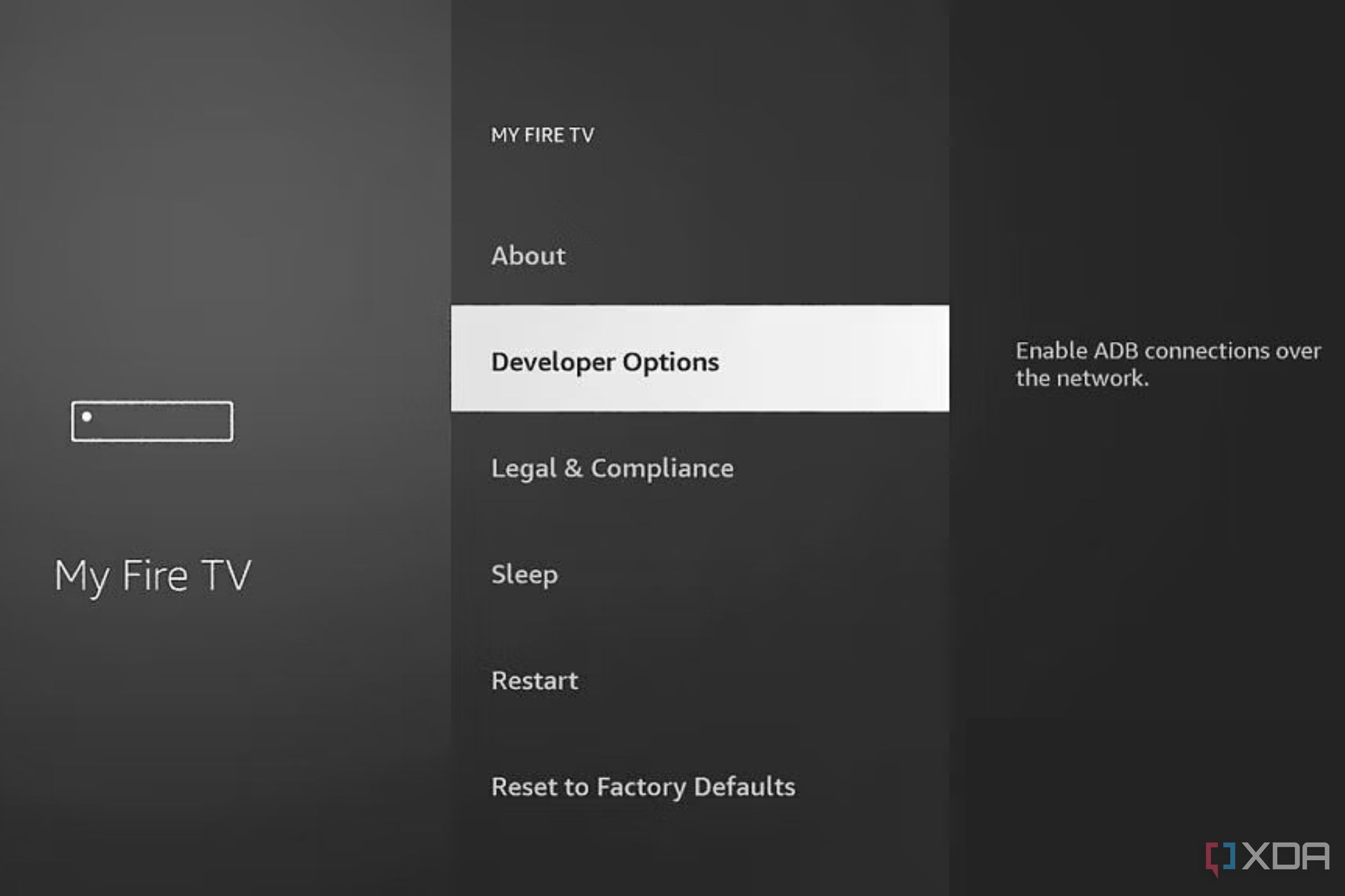 A screenshot showing the developer options in Fire TV.