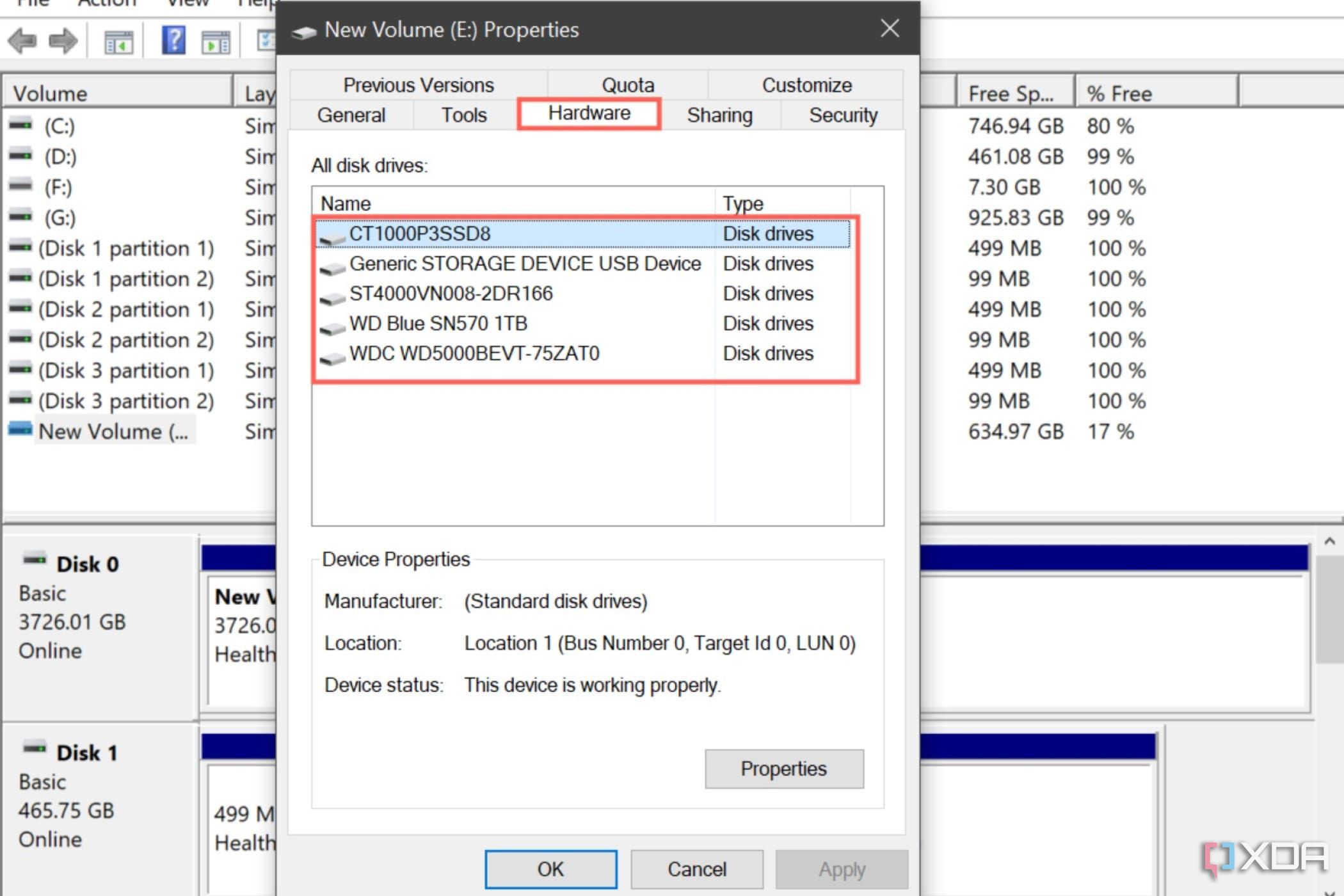 A screenshot of the Properties pop-up in Disk Management showcasing the drives