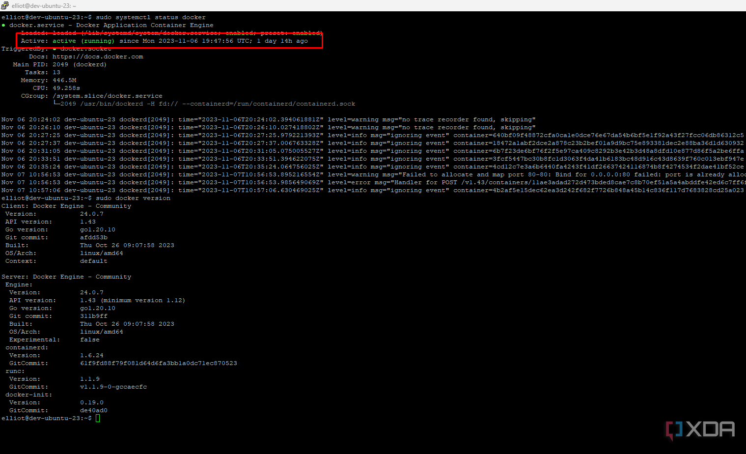 A terminal screenshot showing that Docker is running