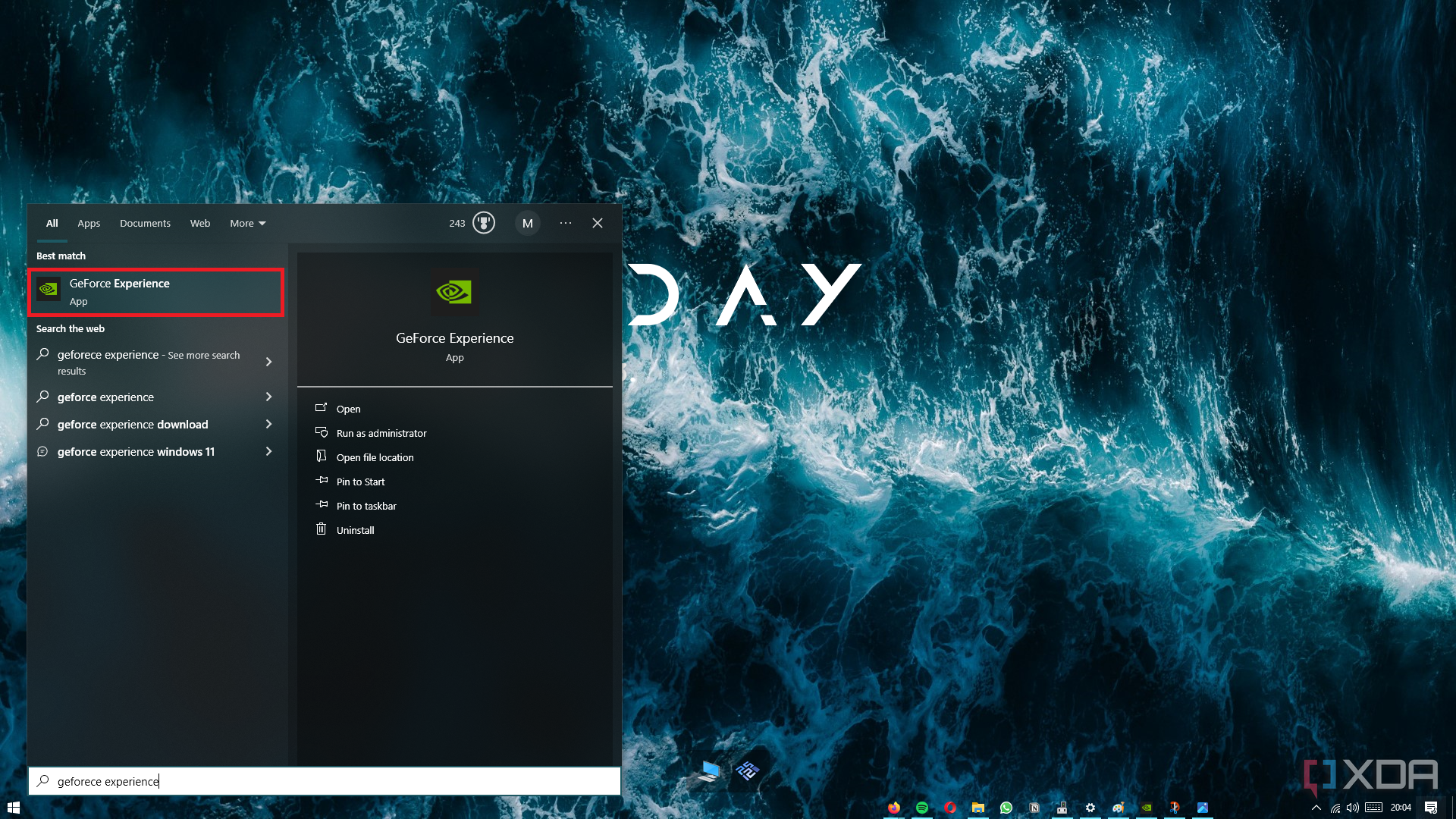 windows home screen with geforce experience searched in the start menu