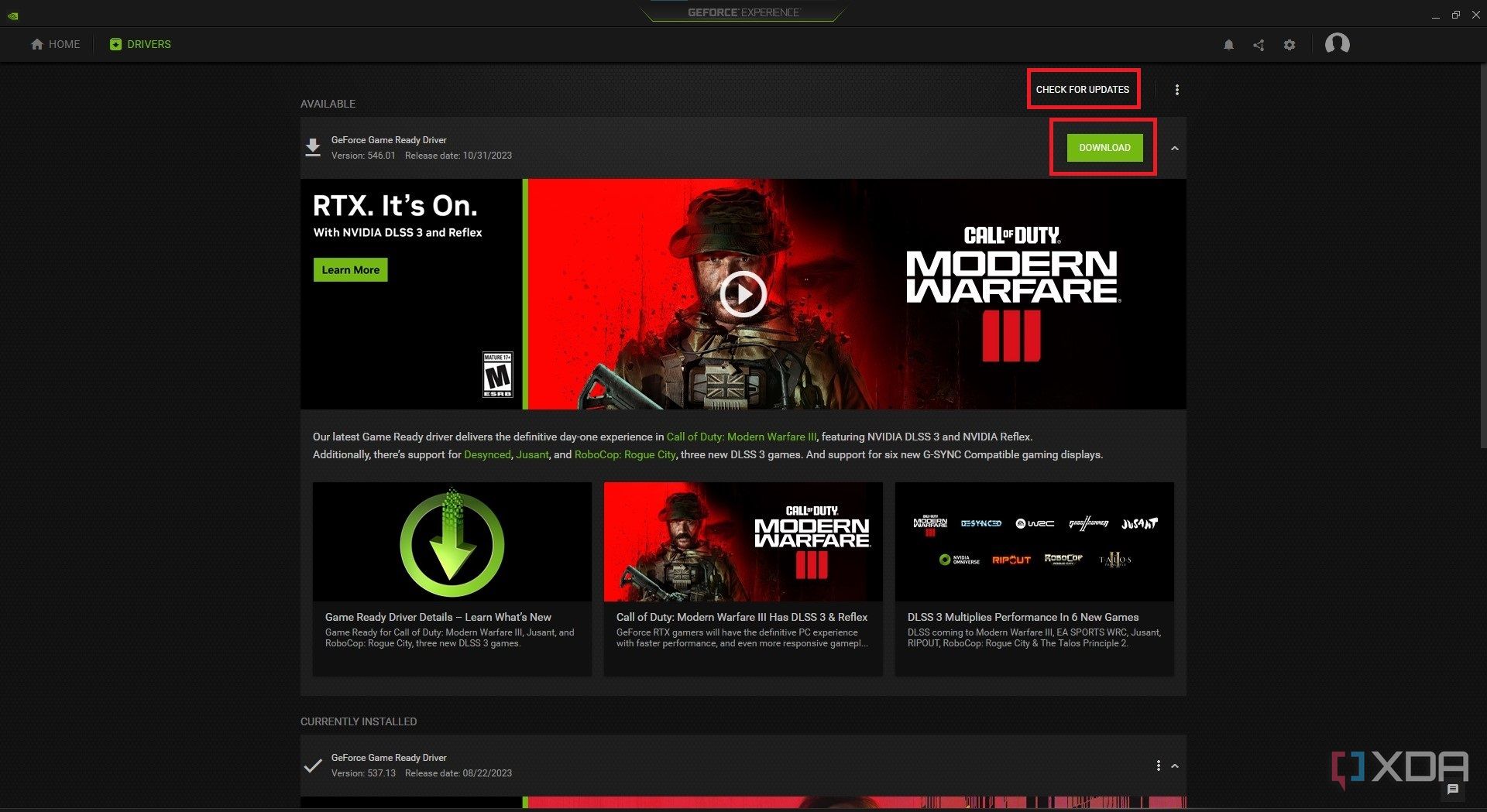 geforce experience drivers section with download button for new update highlighted