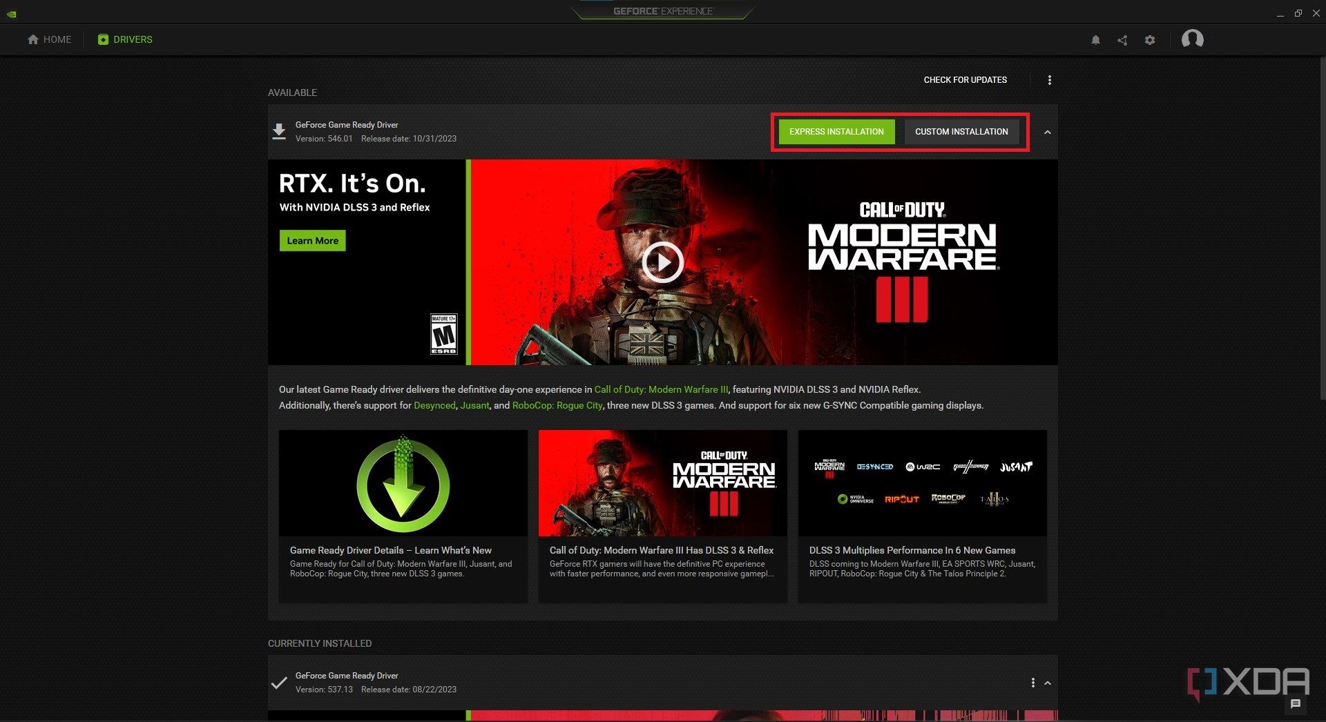 express and custom installation buttons highlighted on the drivers section of geforce experience