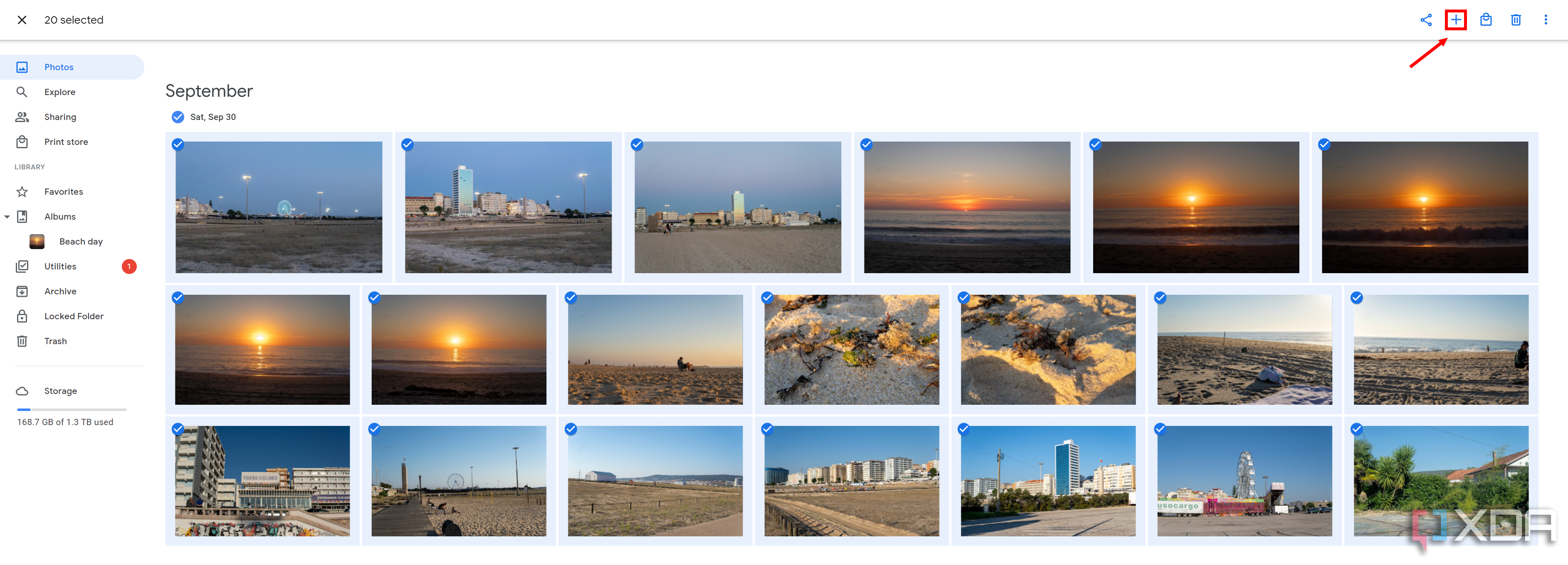 Screenshot of Google Photos with multiple photos selected and the plus button highlighted
