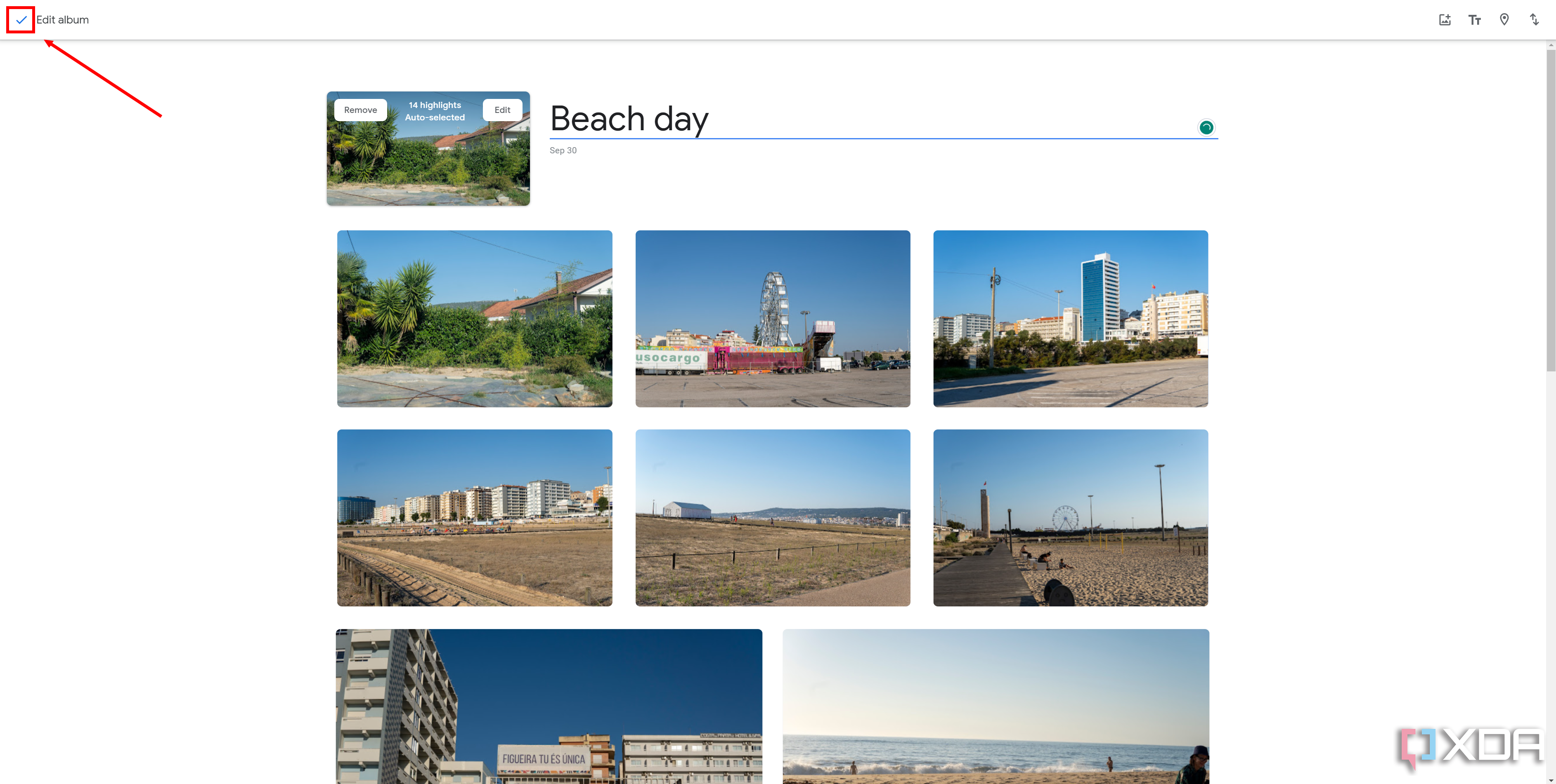 Screenshot of a Google photros album with the checkmark button highlighted