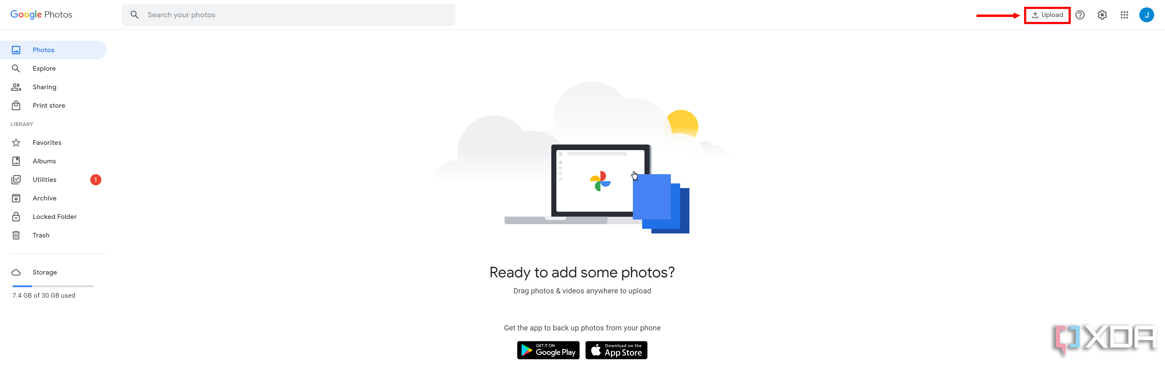 Screenshot of Google Photos on the web with the Upload button hihglighted