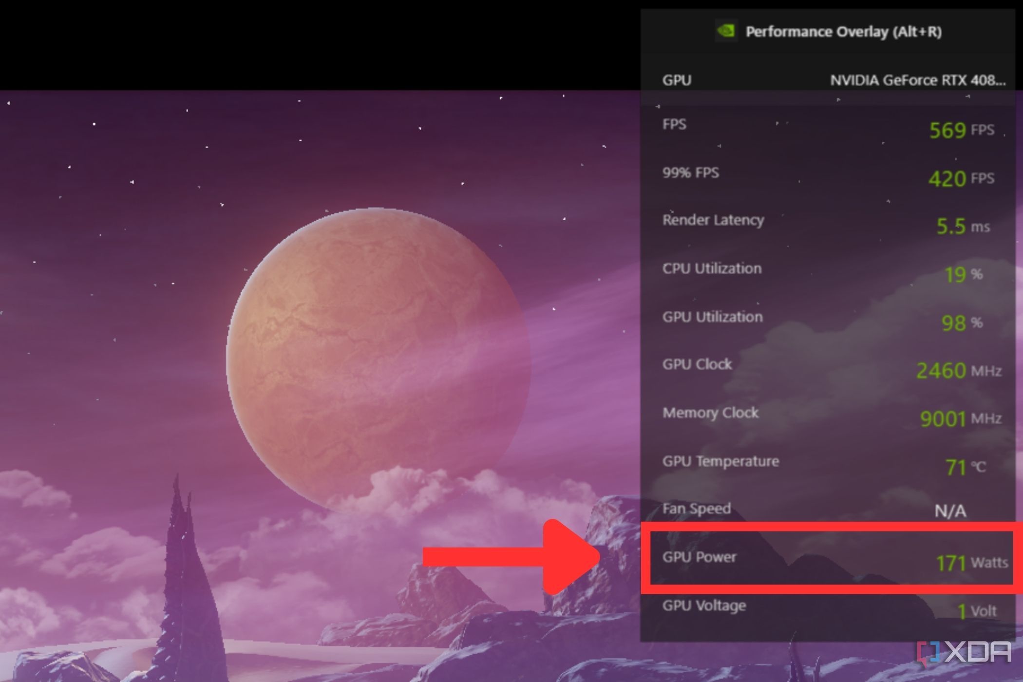 Una captura de pantalla que muestra el consumo de energía de la GPU durante una prueba comparativa realizada en una computadora portátil Alienware m16.