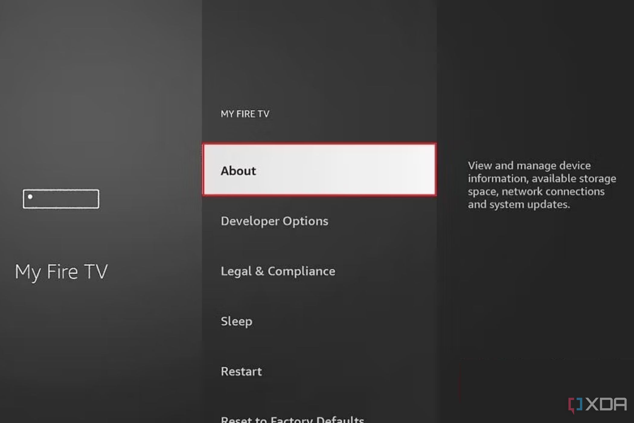 A screenshot showing the highlighted About option in Fire TV settings.