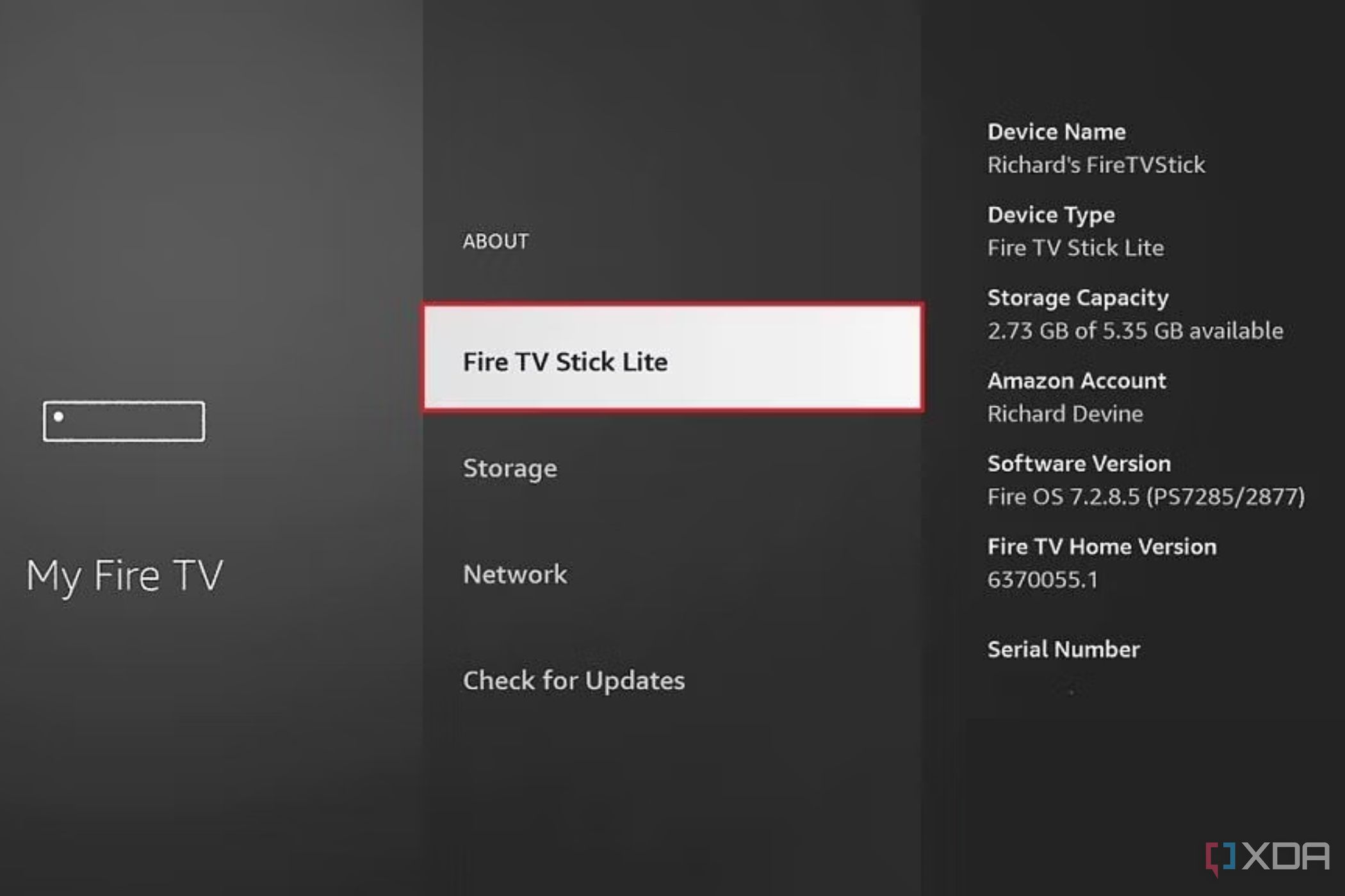A screenshot showing the highlighted Fire TV Stick Lite device options in Fire TV.
