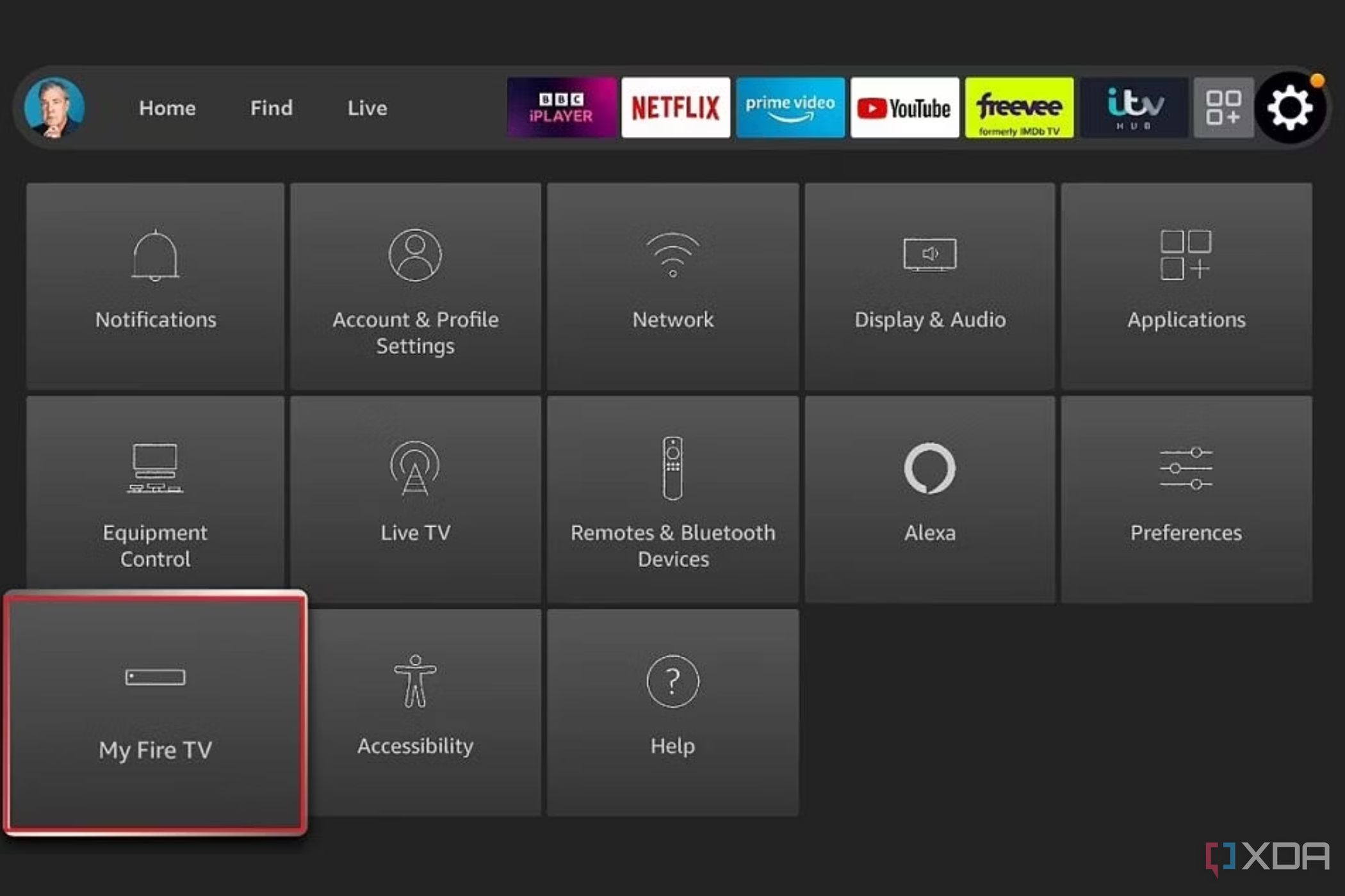 A screenshot showing the highlighted My Fire TV option in Fire TV settings.