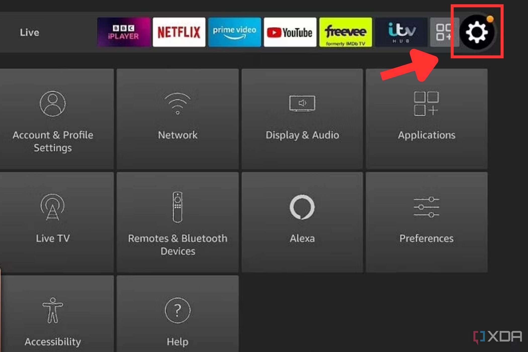 A screenshot showing the highlighted settings cog in Amazon Fire TV home screen.