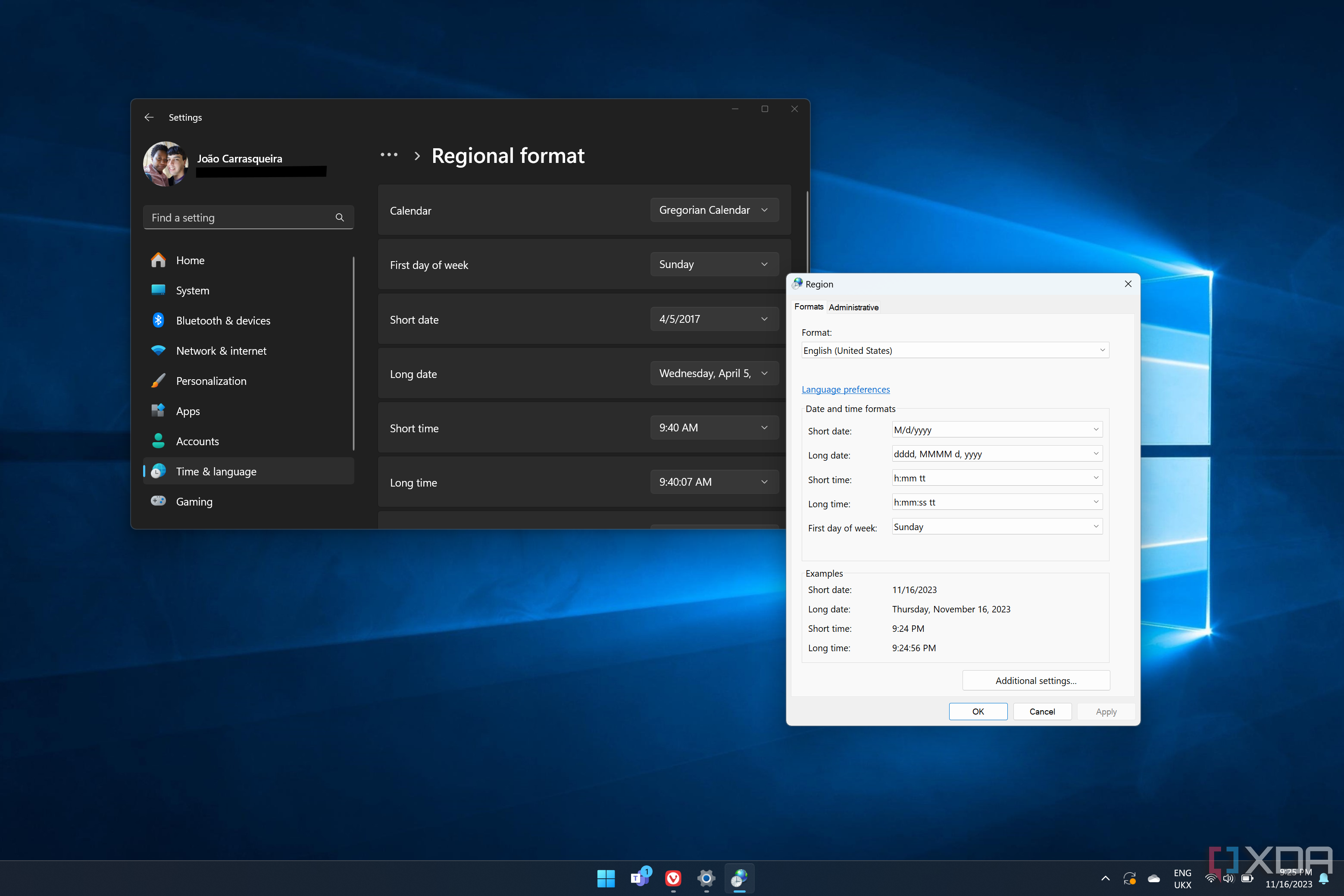 Screenshot of a Windows 11 desktop with the Settings app and Control panel open to the respective pages for changing the date format