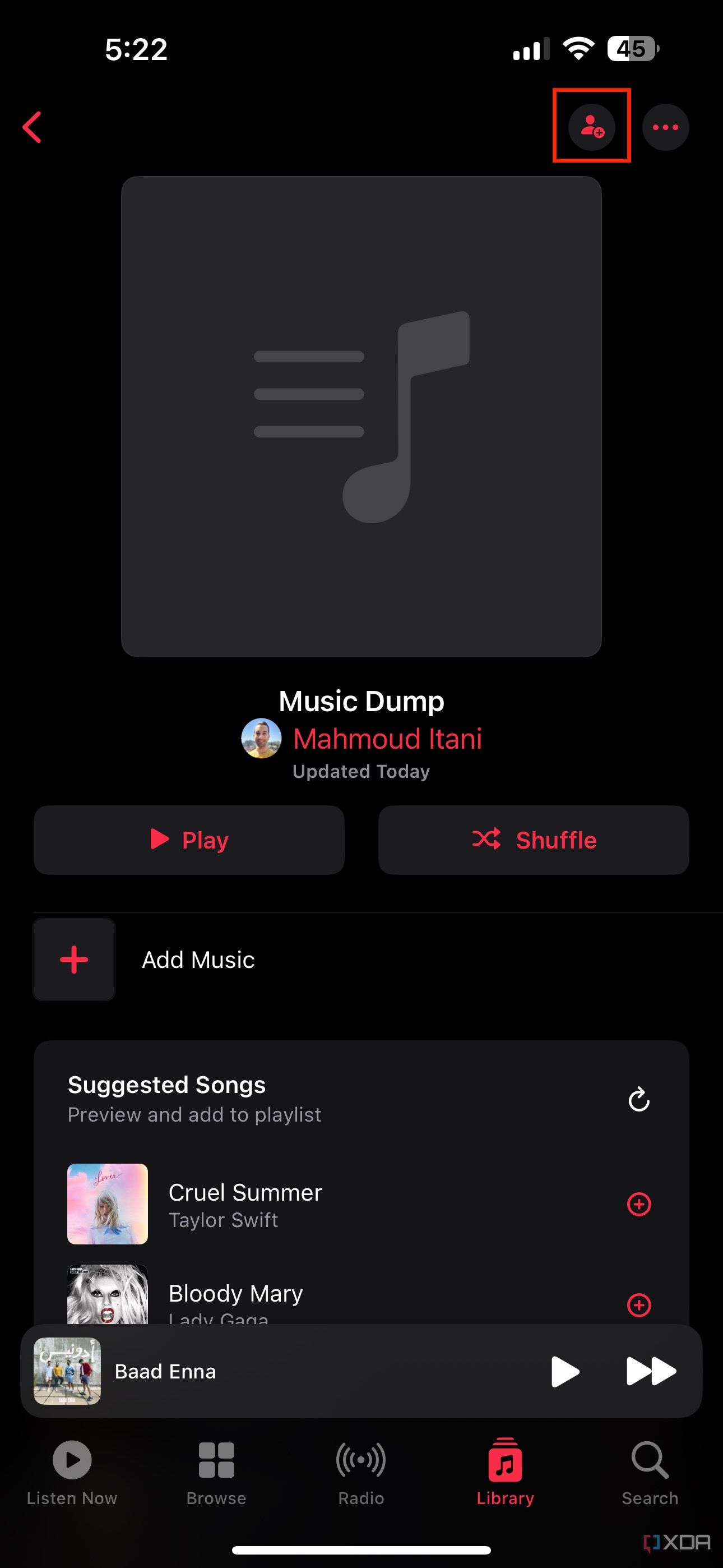 Schaltfläche „Zusammenarbeiten“ in der Apple Music-Wiedergabeliste