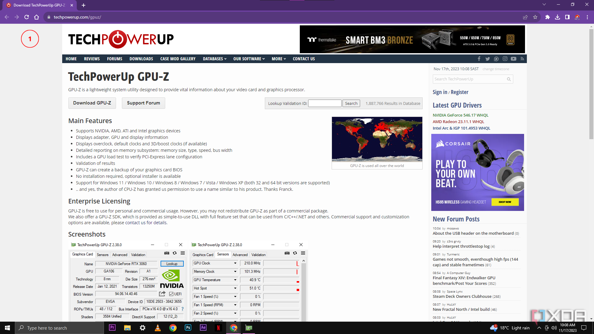 Снимок экрана веб-сайта TechPowerUp GPU-Z, на котором показаны основные функции программного обеспечения, включая поддержку графических устройств NVIDIA, AMD и ATI, подробные отчеты о подсистеме памяти и отсутствие требований к установке для использования.  На заднем плане видна карта мира, показывающая глобальное использование GPU-Z.
