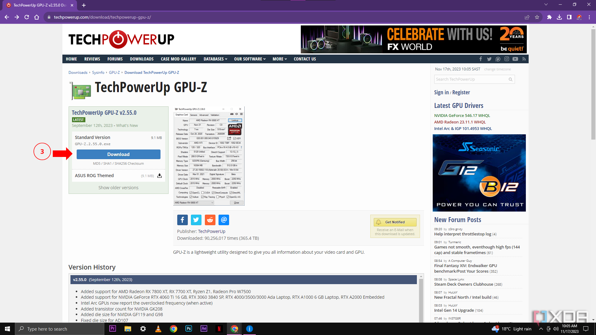 Изображение страницы загрузки GPU-Z с красной стрелкой, указывающей на кнопку «Загрузить» для стандартной версии TechPowerUp GPU-Z v2.55.0, с подробной информацией о размере файла и истории версий.