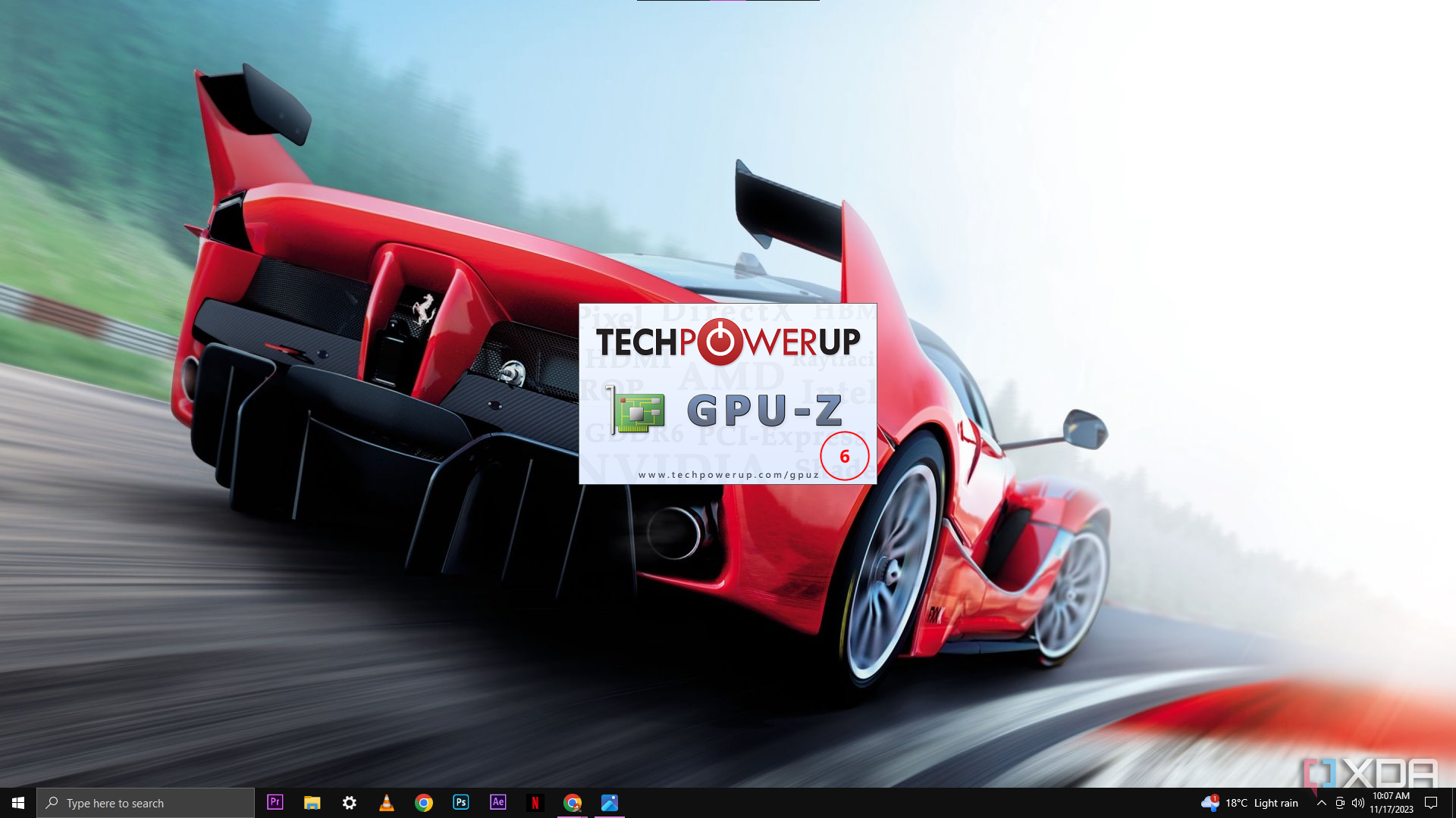 Фон рабочего стола с изображением красного спортивного автомобиля и открытым окном программы GPU-Z на переднем плане, в котором отображается логотип программы и веб-адрес.