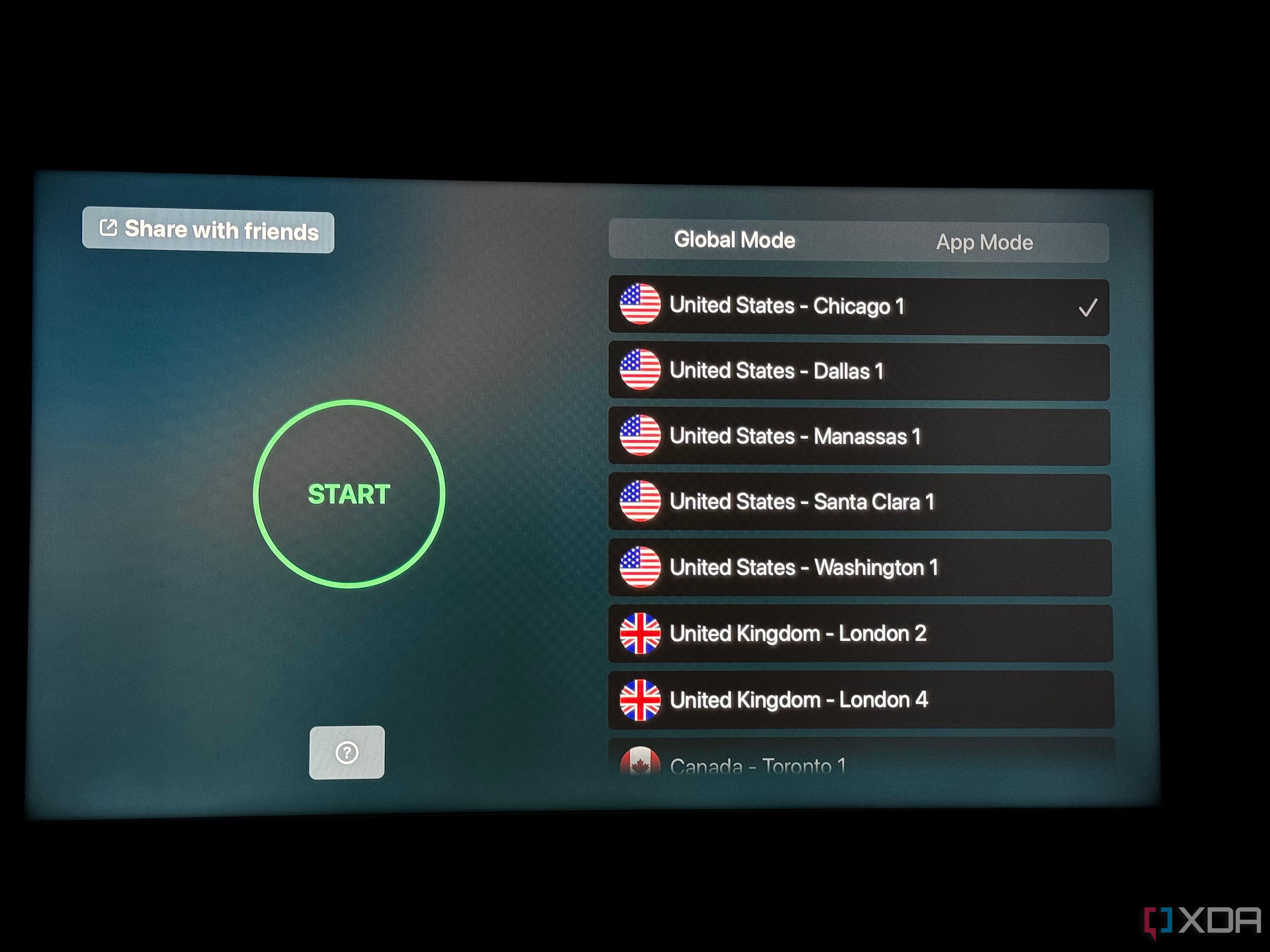 vpn app on tvOS showing a start button and a list of available servers