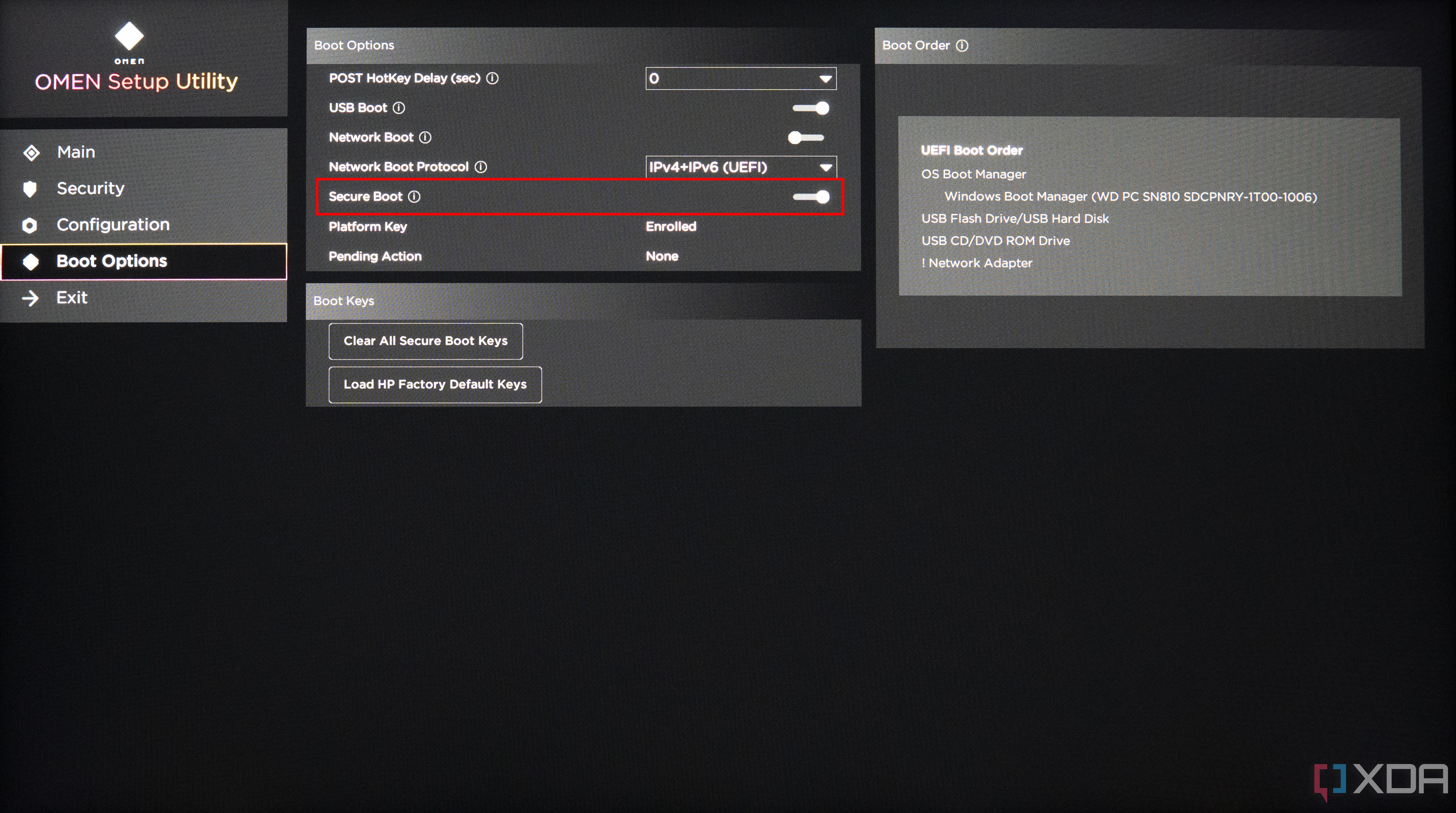 Screenshot of an HP Omen BIOS with Secure Boot enabled