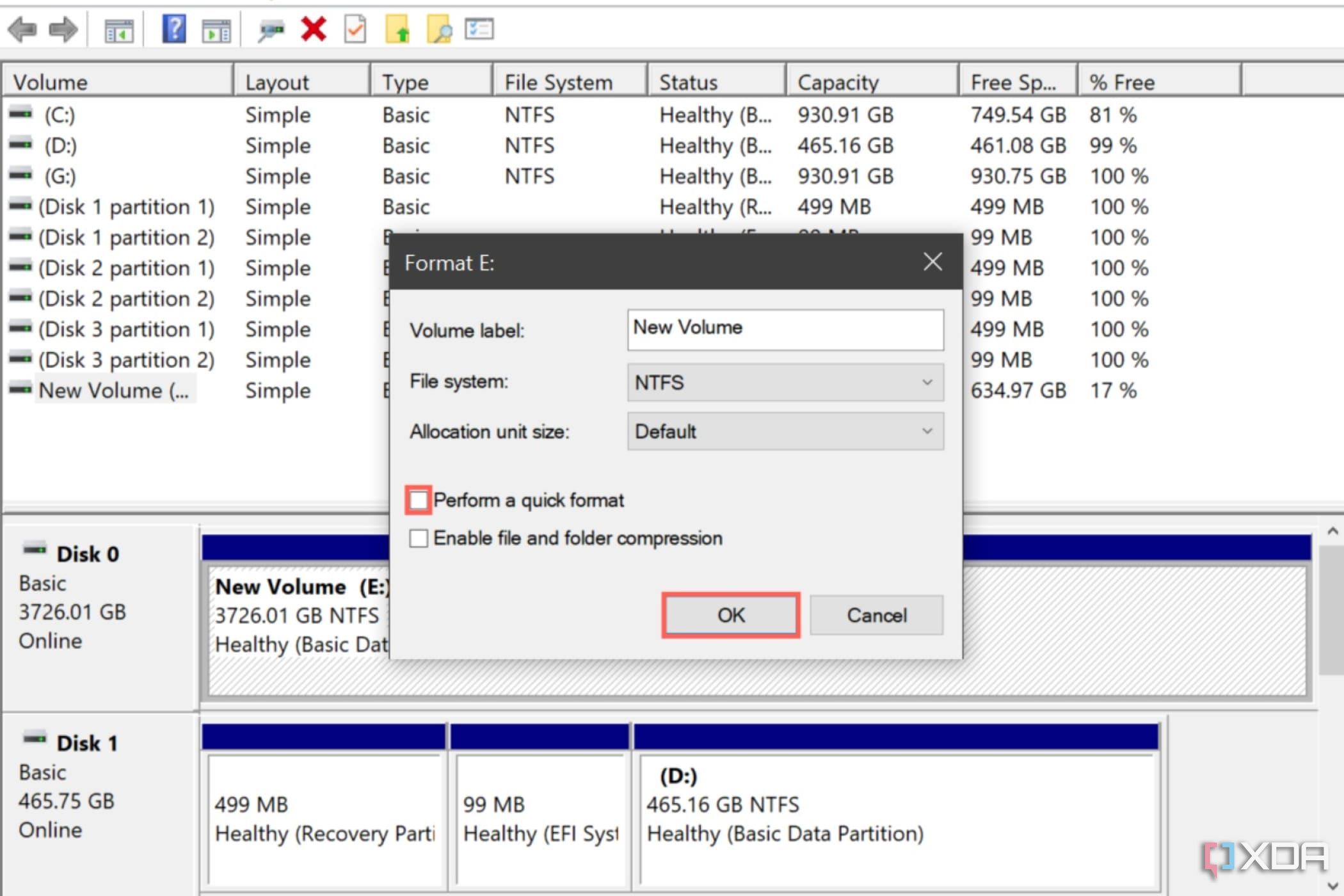 Una captura de pantalla de Administración de discos con la configuración de Formato mostrada