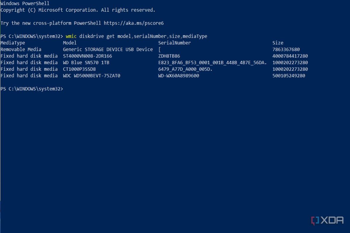 A screenshot of Windows Powershell showcasing the wmic diskdrive command